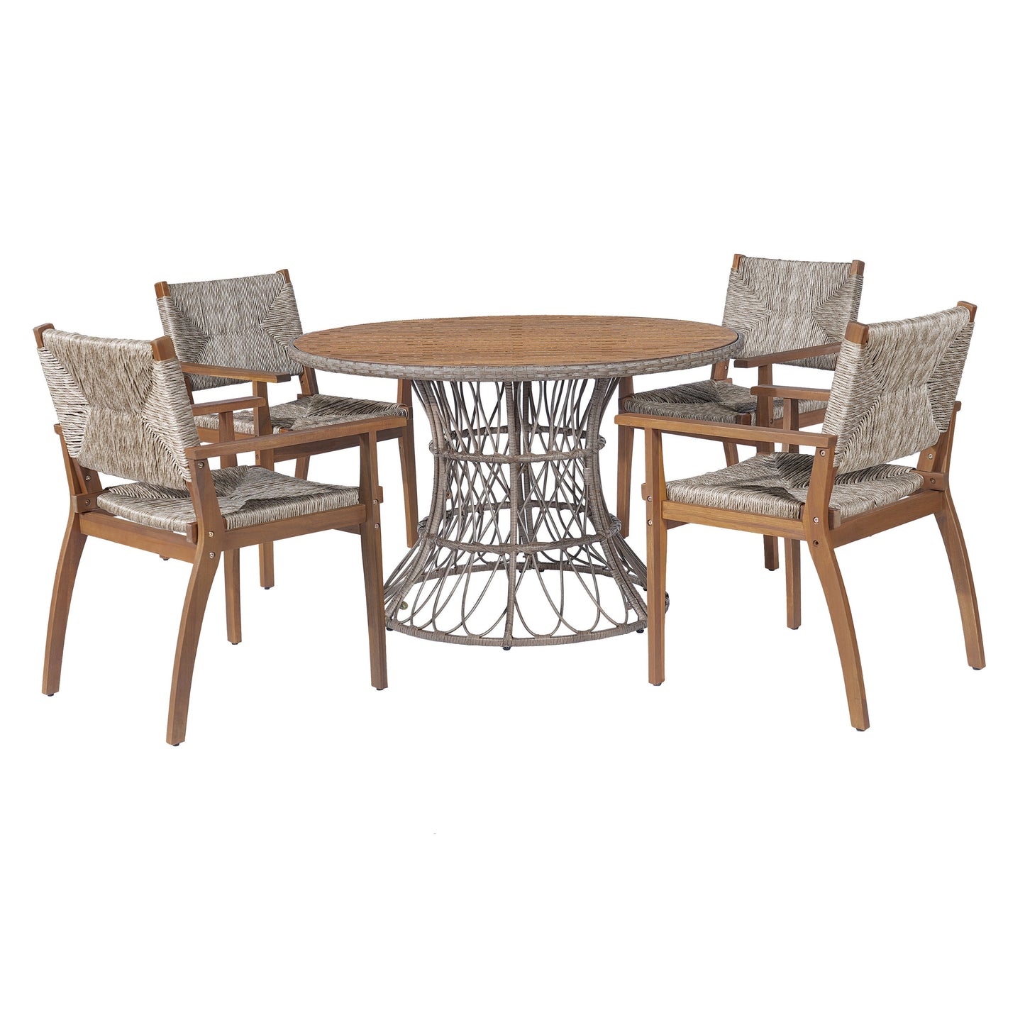 5-Piece Outdoor Dining Set: Brown Round Acacia Wood Table & 4 Brown Wicker Armchairs