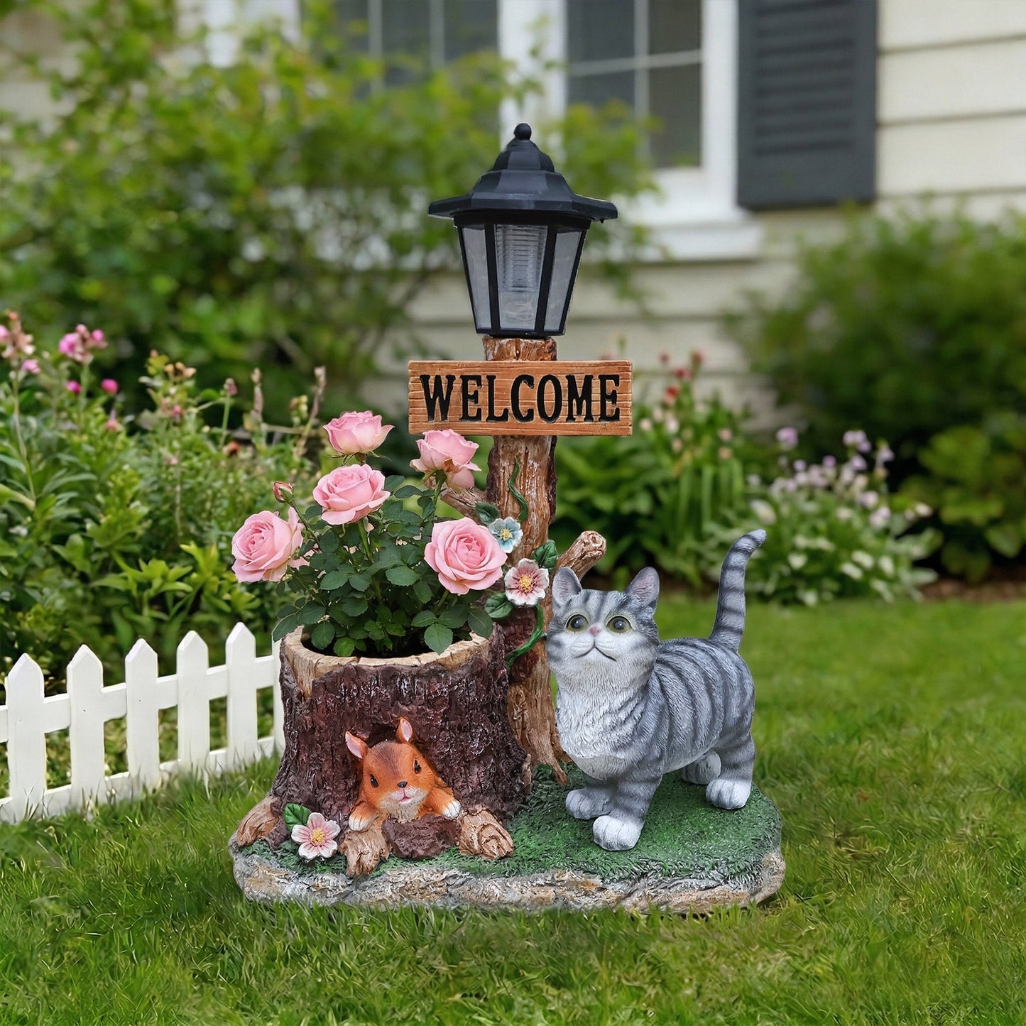 Cat Solar Planter Statue for Outdoor Decor