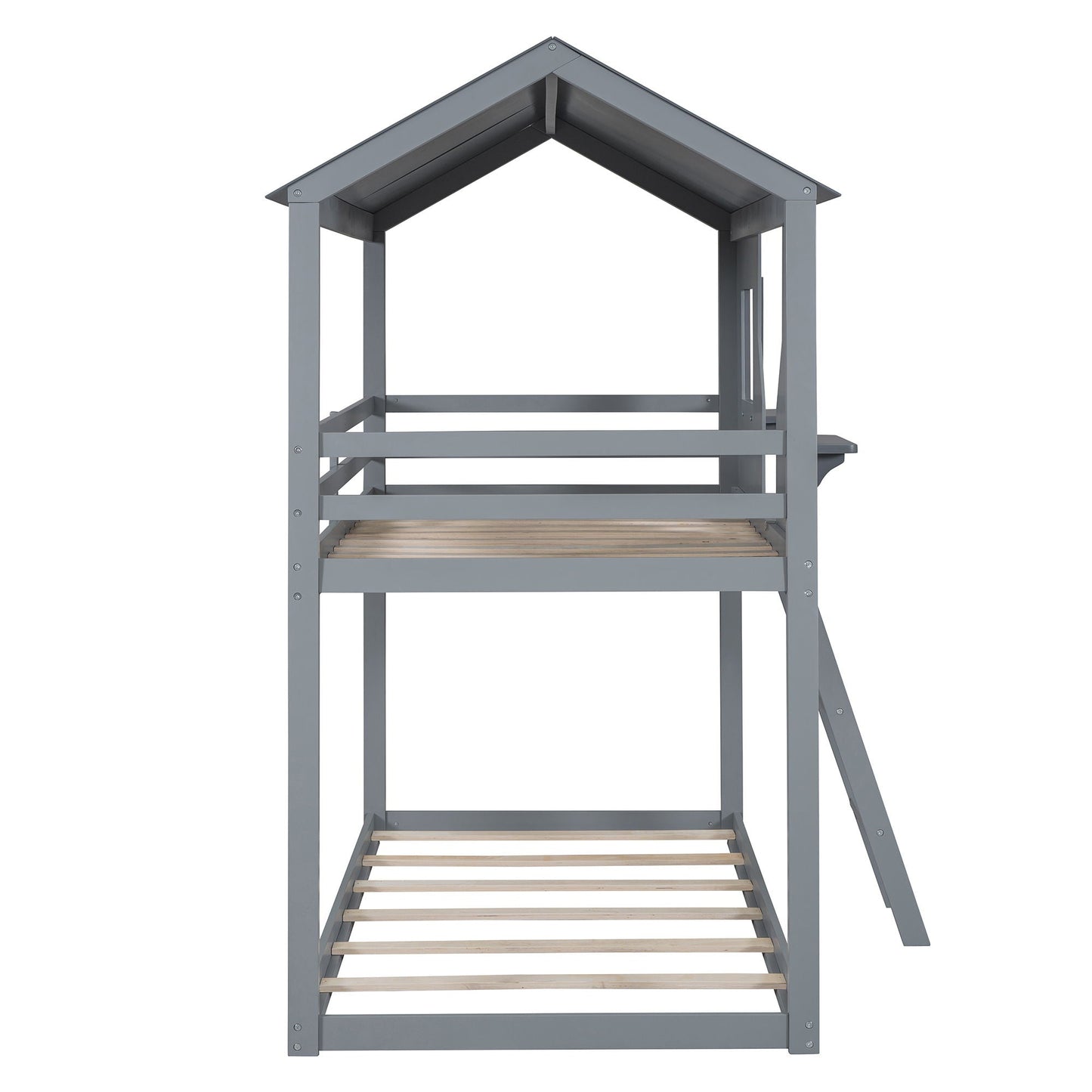 Twin Over Twin Bunk Bed With Roof, Window, Guardrail, Ladder
