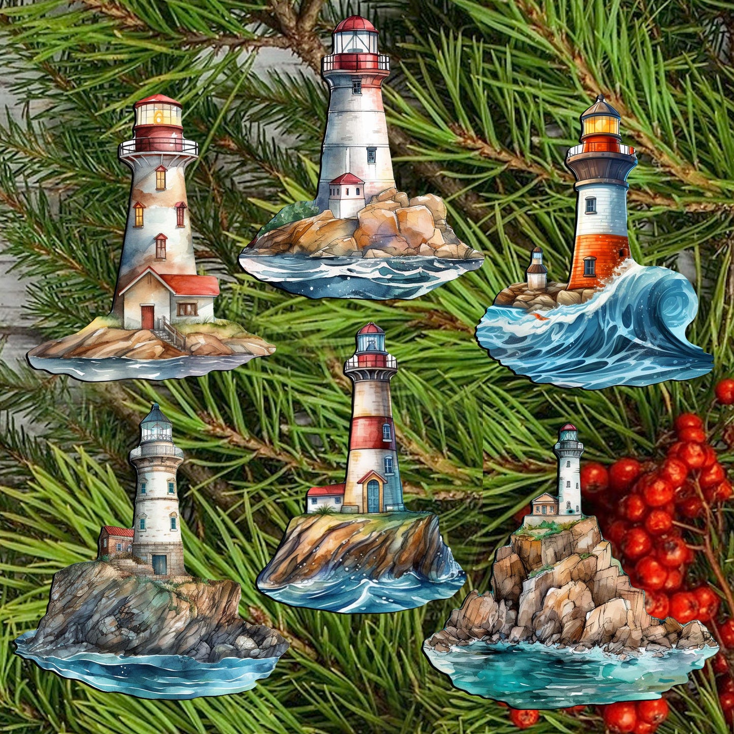 Lighthouse Clip-On Eco Wood Decorative Ornaments Set of 6 by G. Debrekht - Coastal Decor - 8090022C-S6