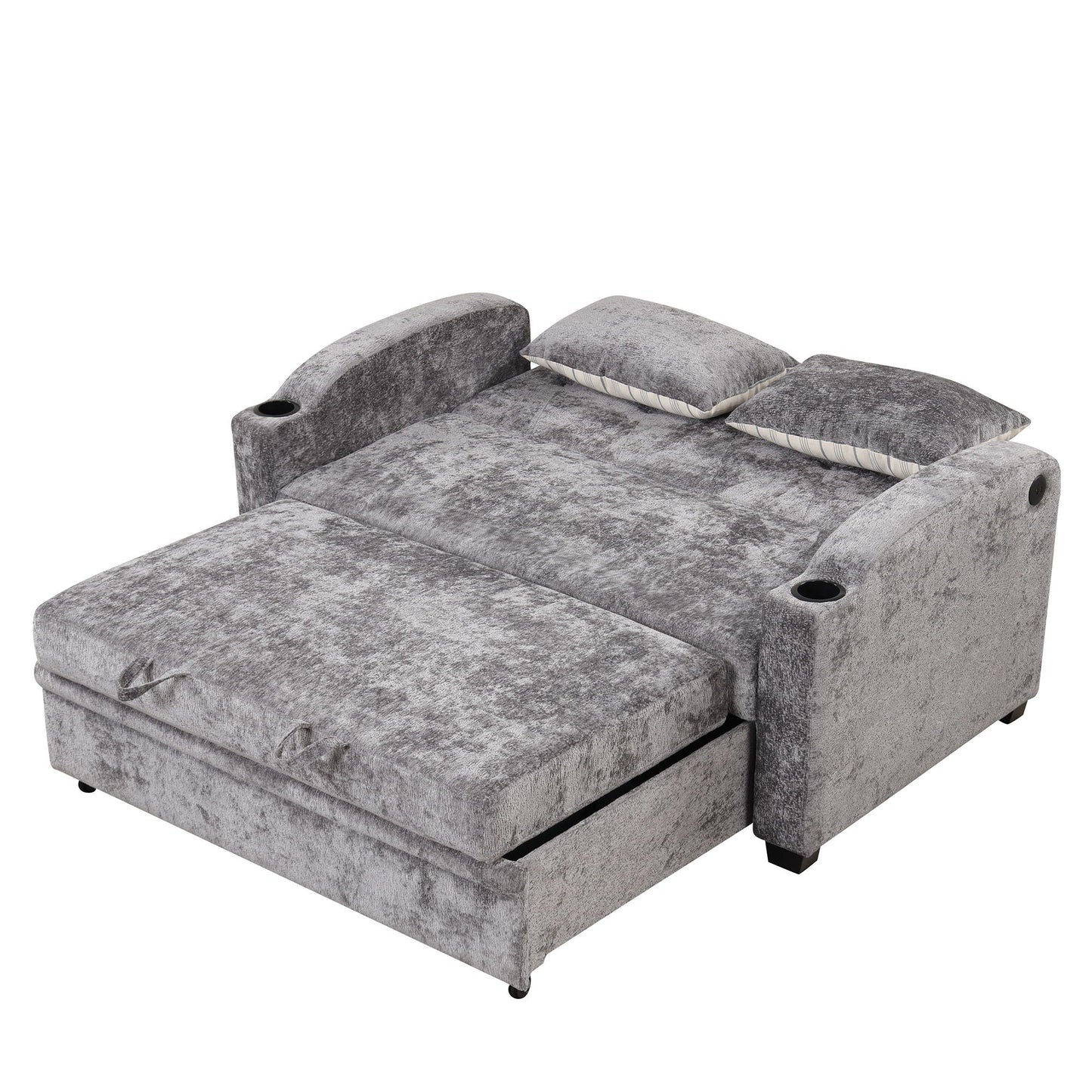 Pull Out Loveseat Sofa With Adjsutable Backrest, 2 Pillows, Cup Holders, USB Ports For Living Room