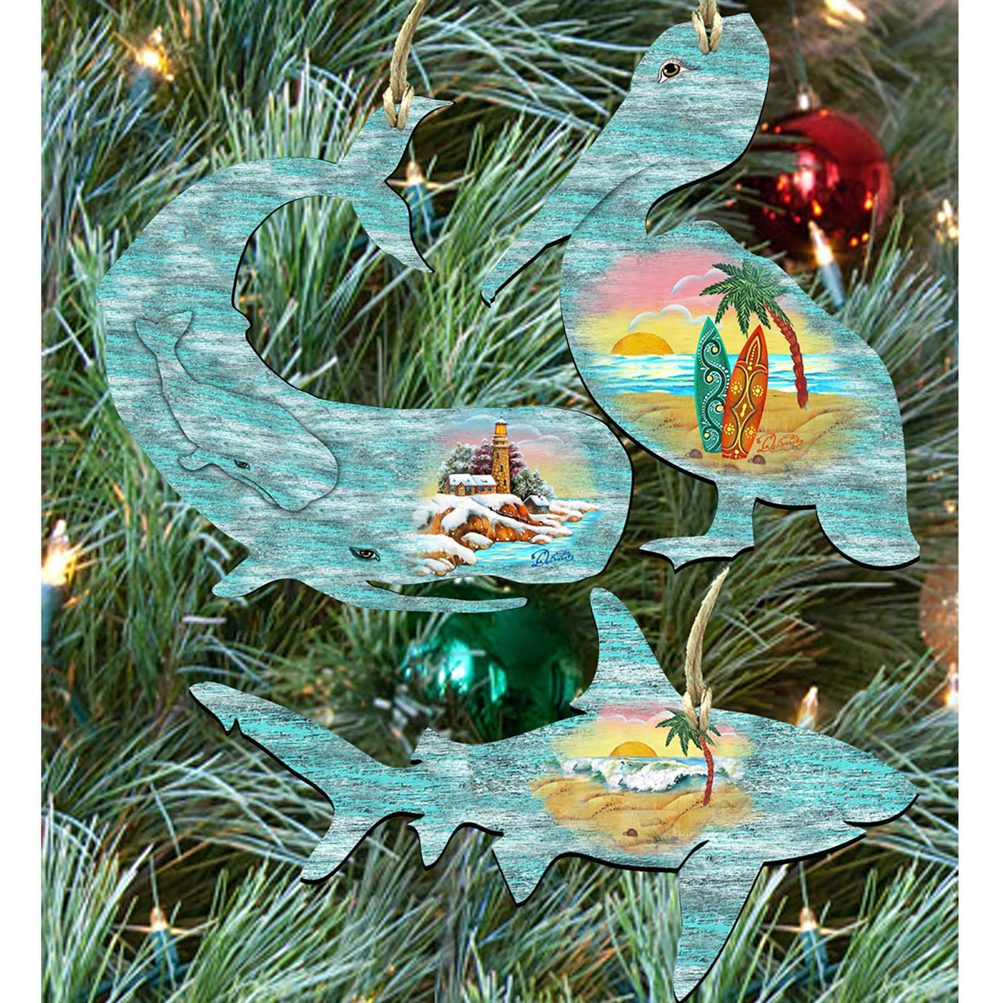 Coastal Wooden Ornaments-Whale,Shark,Pelican-Set of 3 by G. DeBrekht - Coastal Holiday Decor - 8100047S3