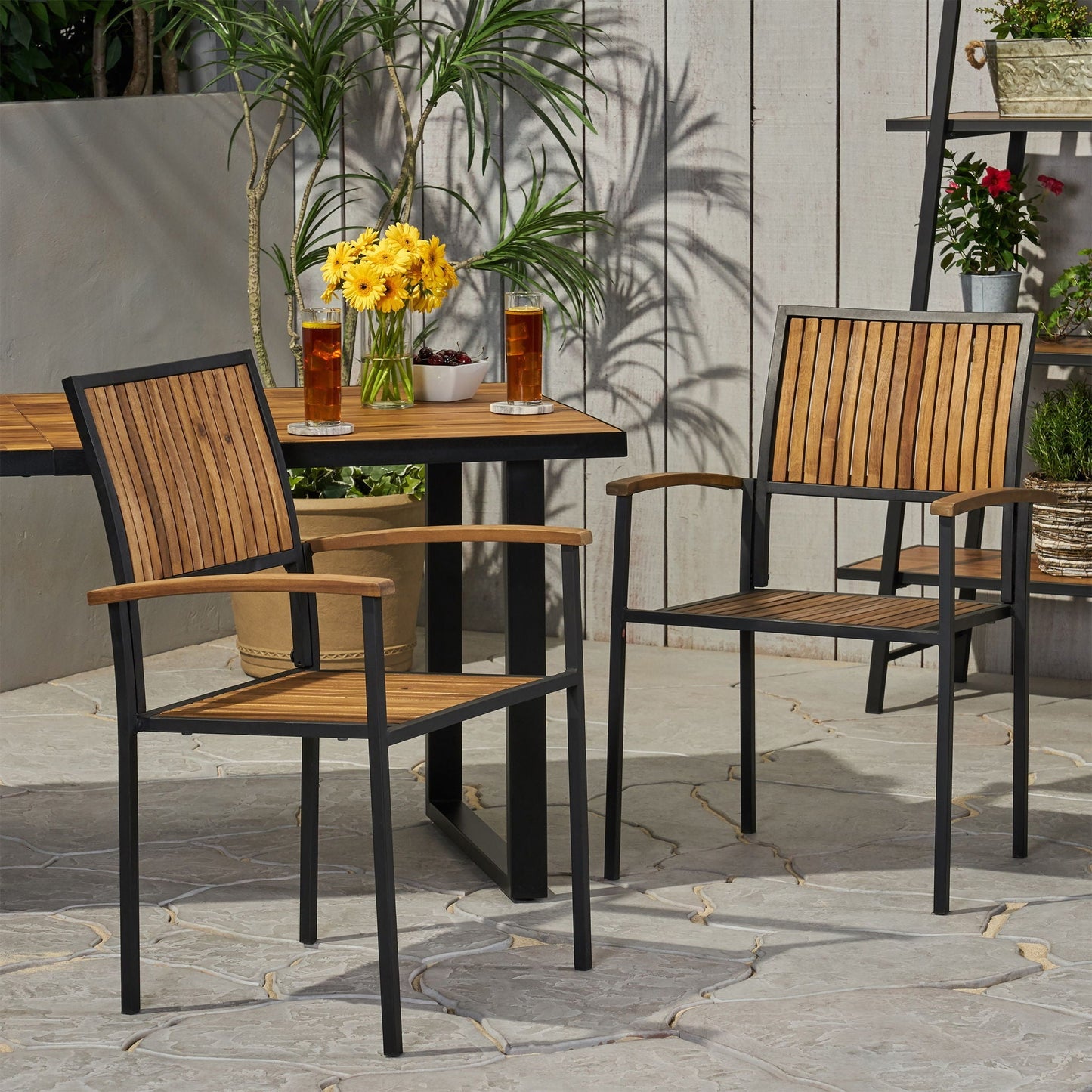 Vermilion Outdoor Dining Chair With Vertical Slat And Wooden Arm