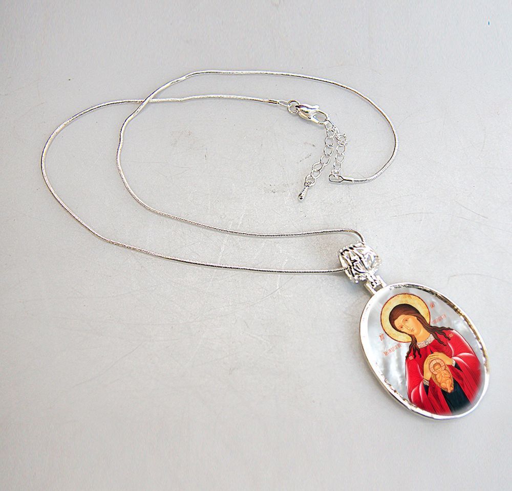 Blessed Virgin Mary Patron Silver Plated Mother of Pearl Jewelry Necklace - 43017