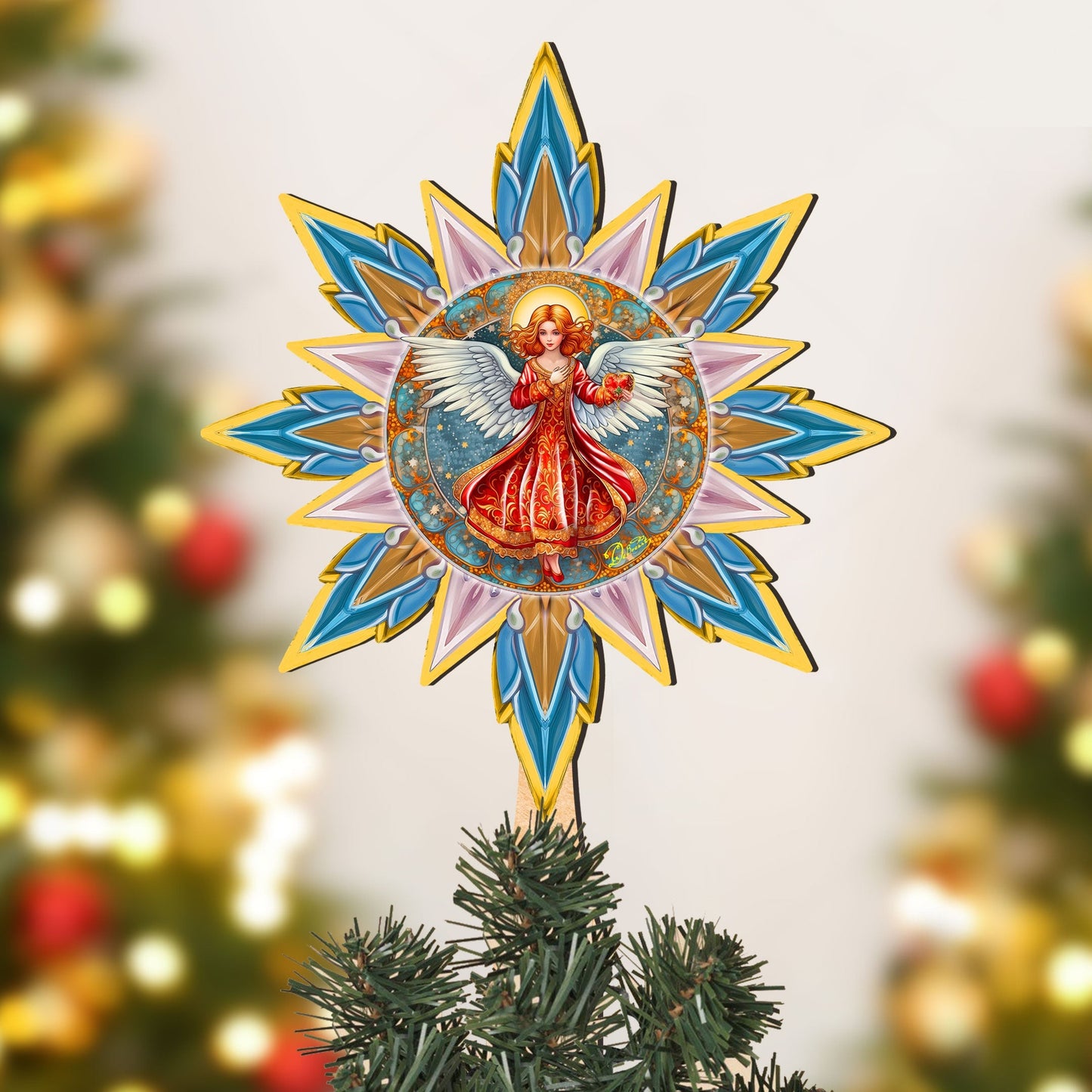 Angel with Love Star Tree Topper Wooden Decor by G. Debrekht - Nativity Holiday Decor - 89508