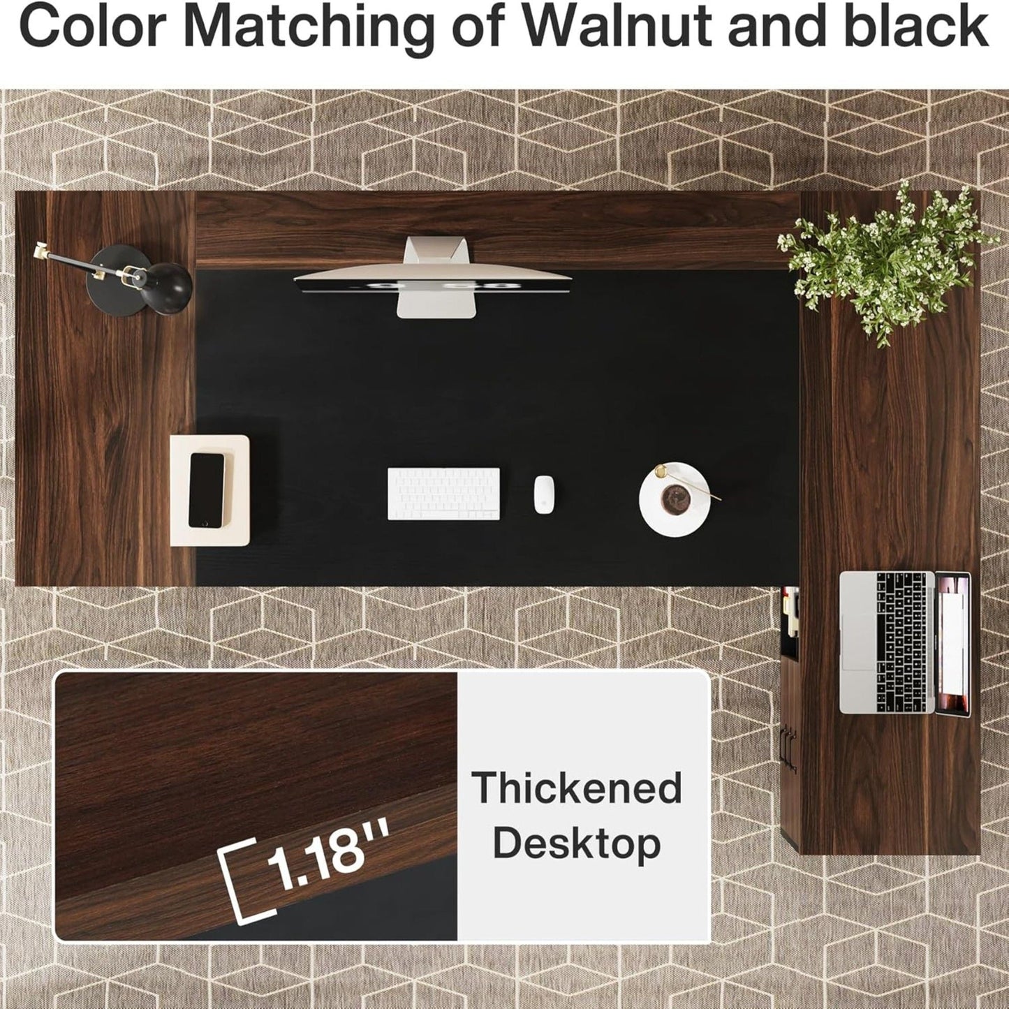 L-Shaped Executive Desk With File Cabinet & Drawers, Large Home Office Computer Workstation