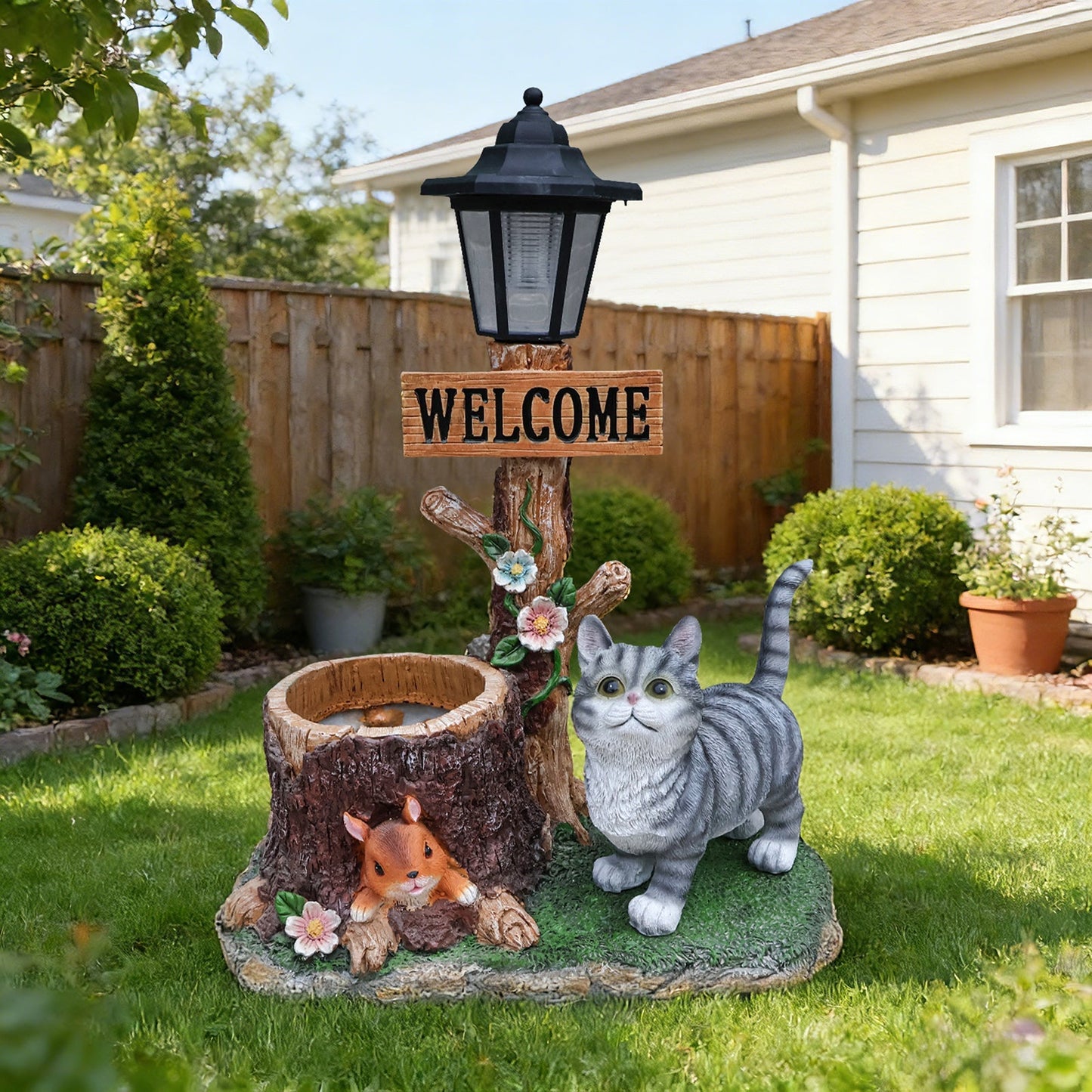 Cat Solar Planter Statue for Outdoor Decor