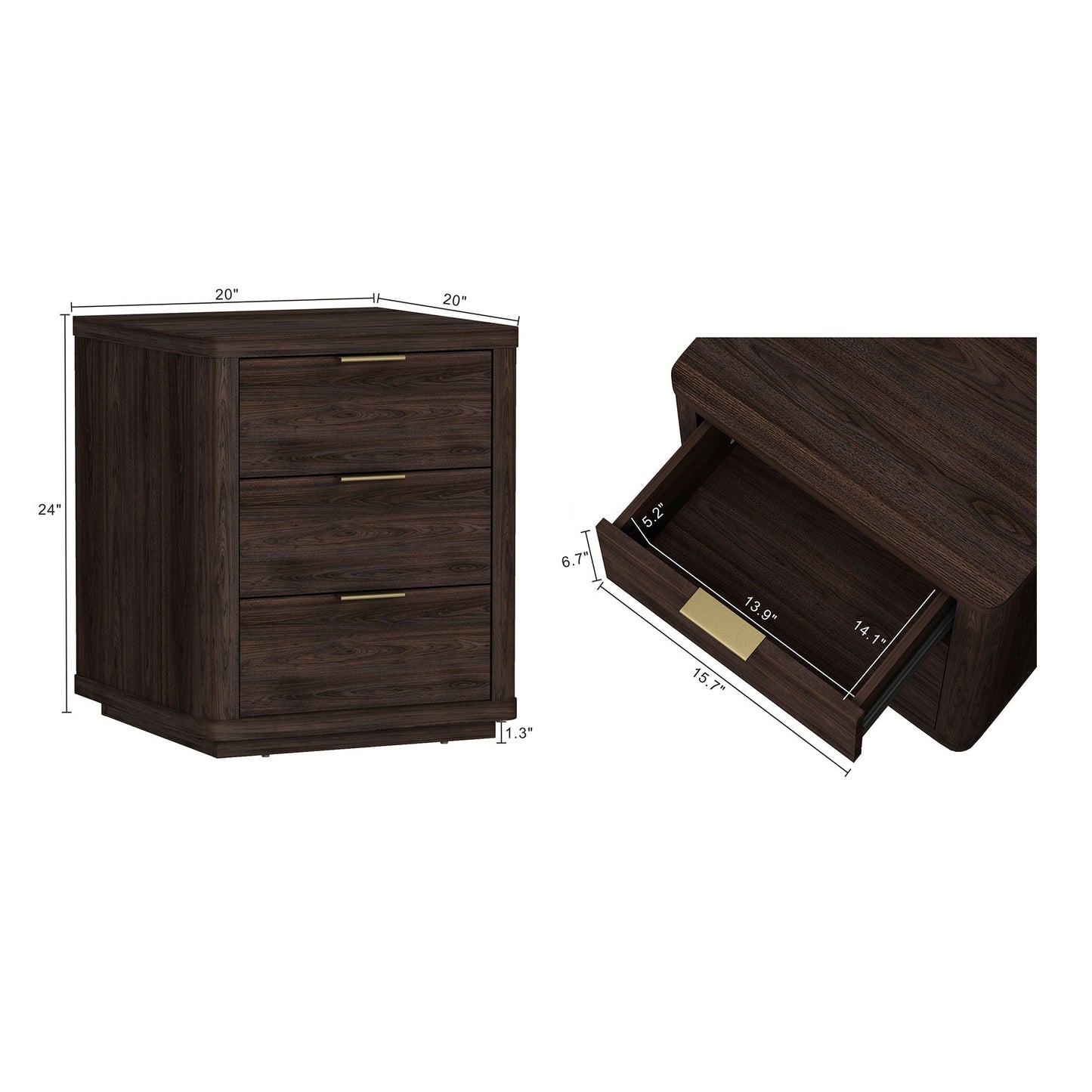 Evelyn - Nightstand With 3 Drawers, Smooth Rounded Edges