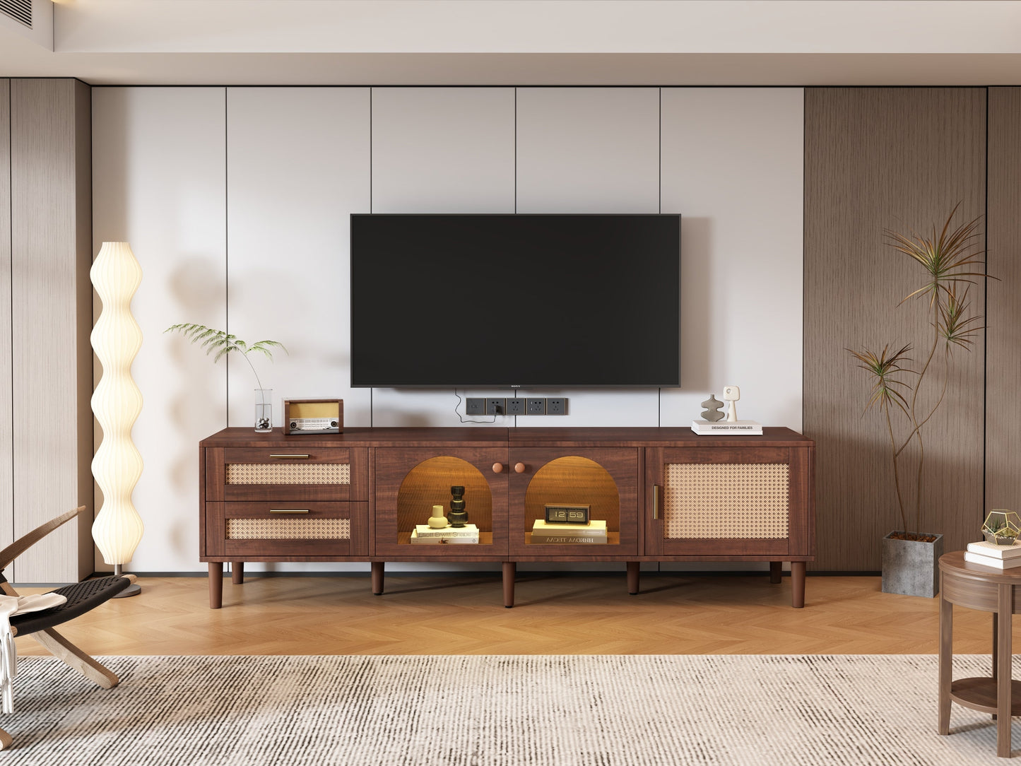 Rattan TV Stand with 3 Cabinets and 2 Drawers