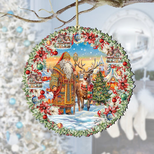 Santa's Magical Cottage Wreath Wooden Ornaments by G. Debrekht Christmas Santa Snowman Decor - 8611066