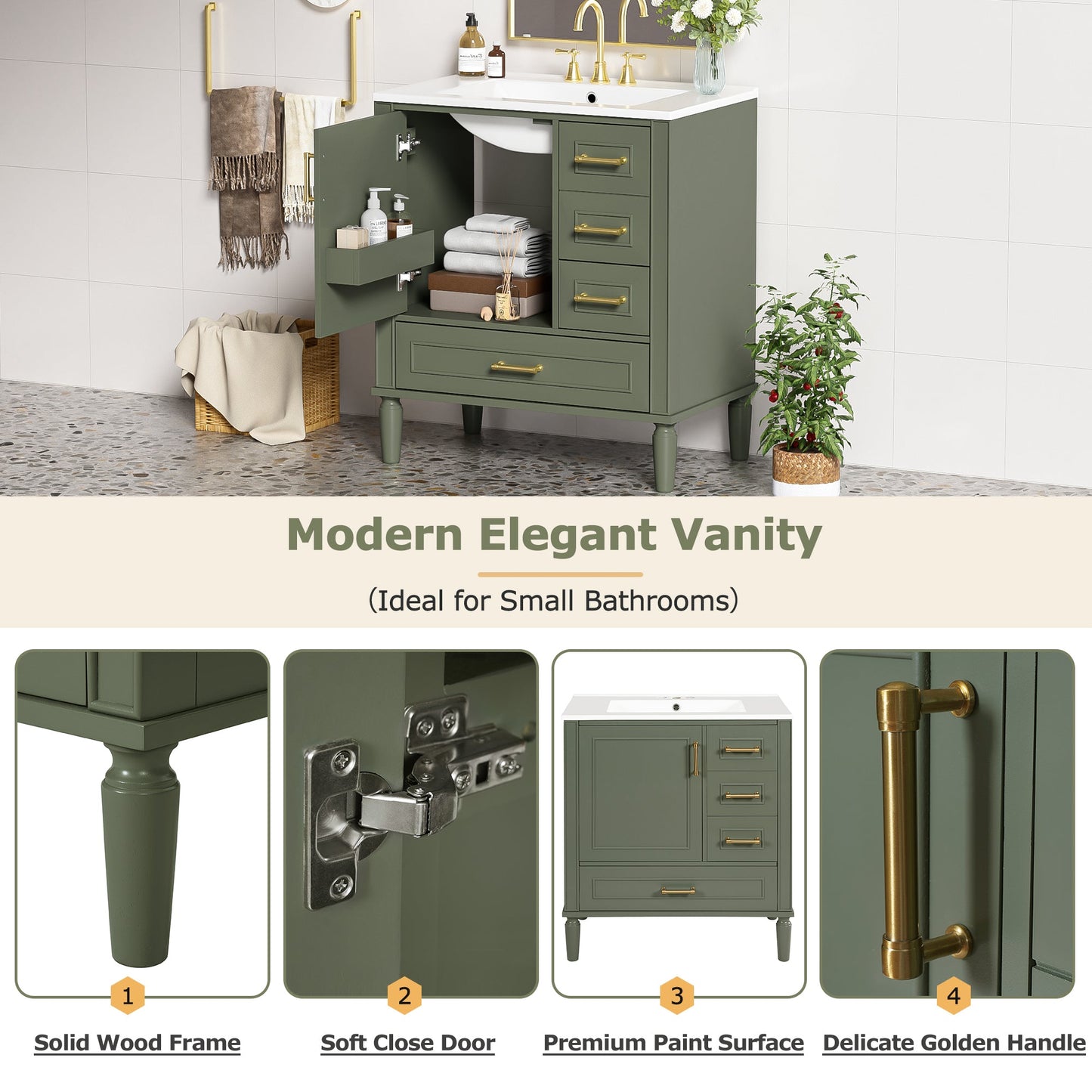 Elegant Olive Green 30' Bathroom Vanity with Ceramic Sink and Ample Storage, Solid Wood and MDF Construction