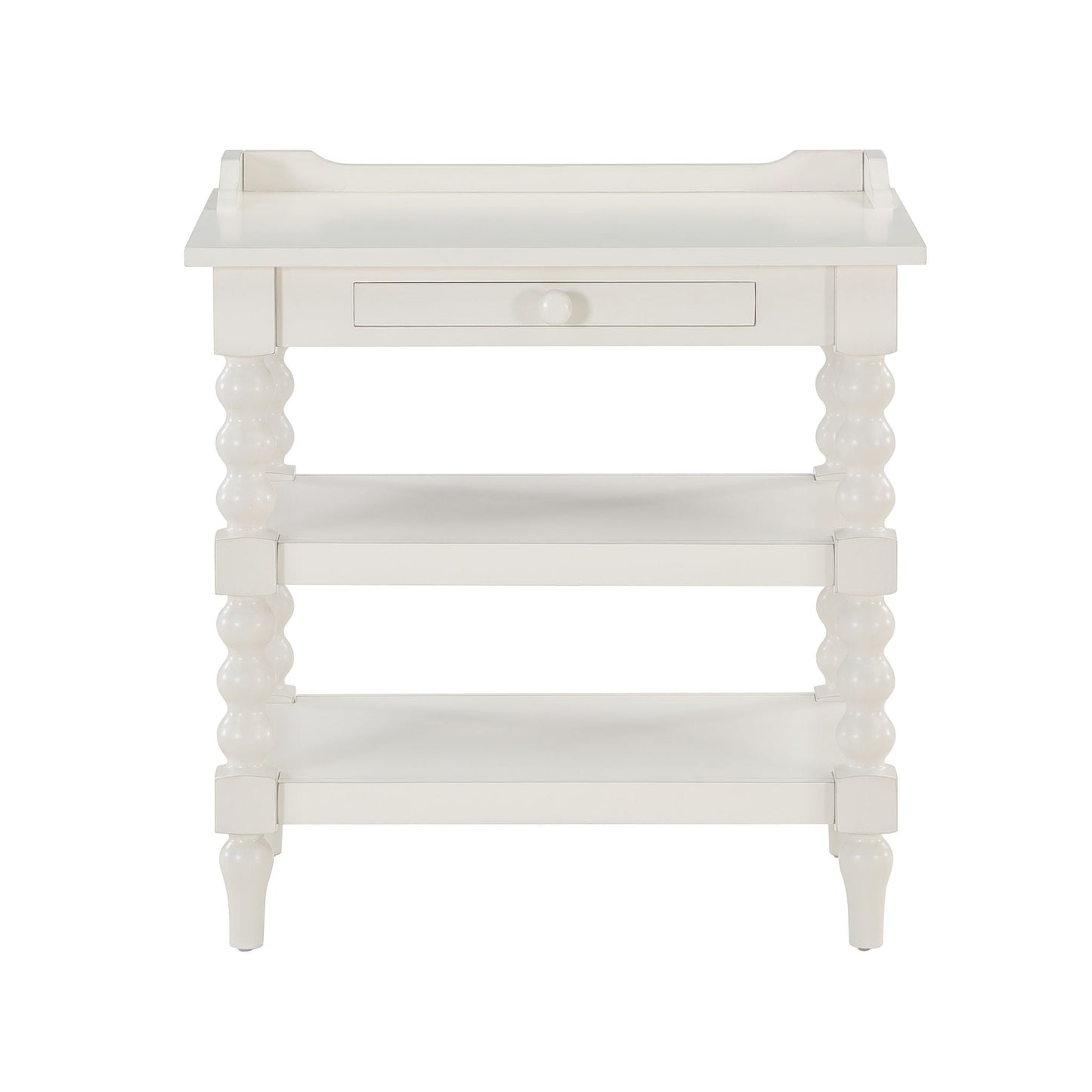 Aria - Nightstand With Styling, 2 Shelves, Pull Out Tray, Spool Turned Legs - Antique White