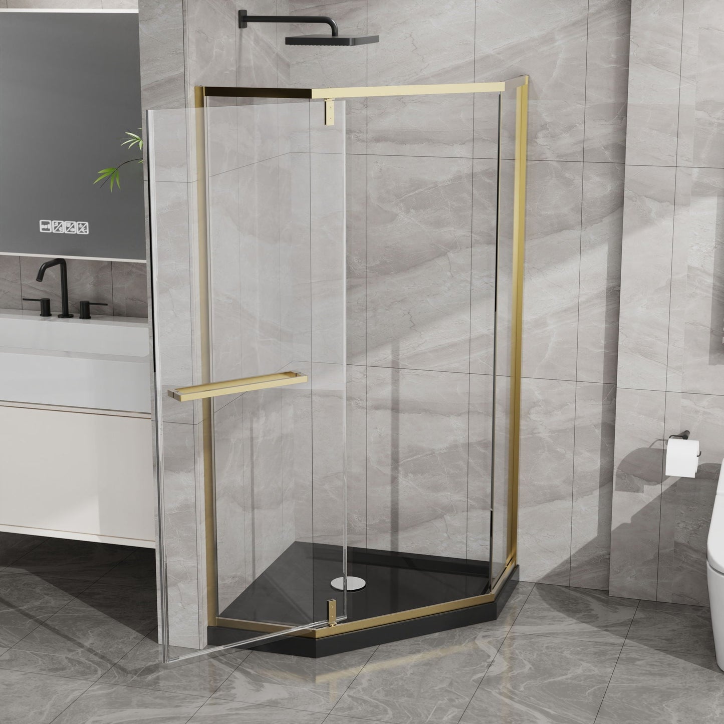 Goodyo - Neo-Angle Frameless Shower Door Corner Enclosure With Acrylic Shower Base Combo, Pivot Shower Door