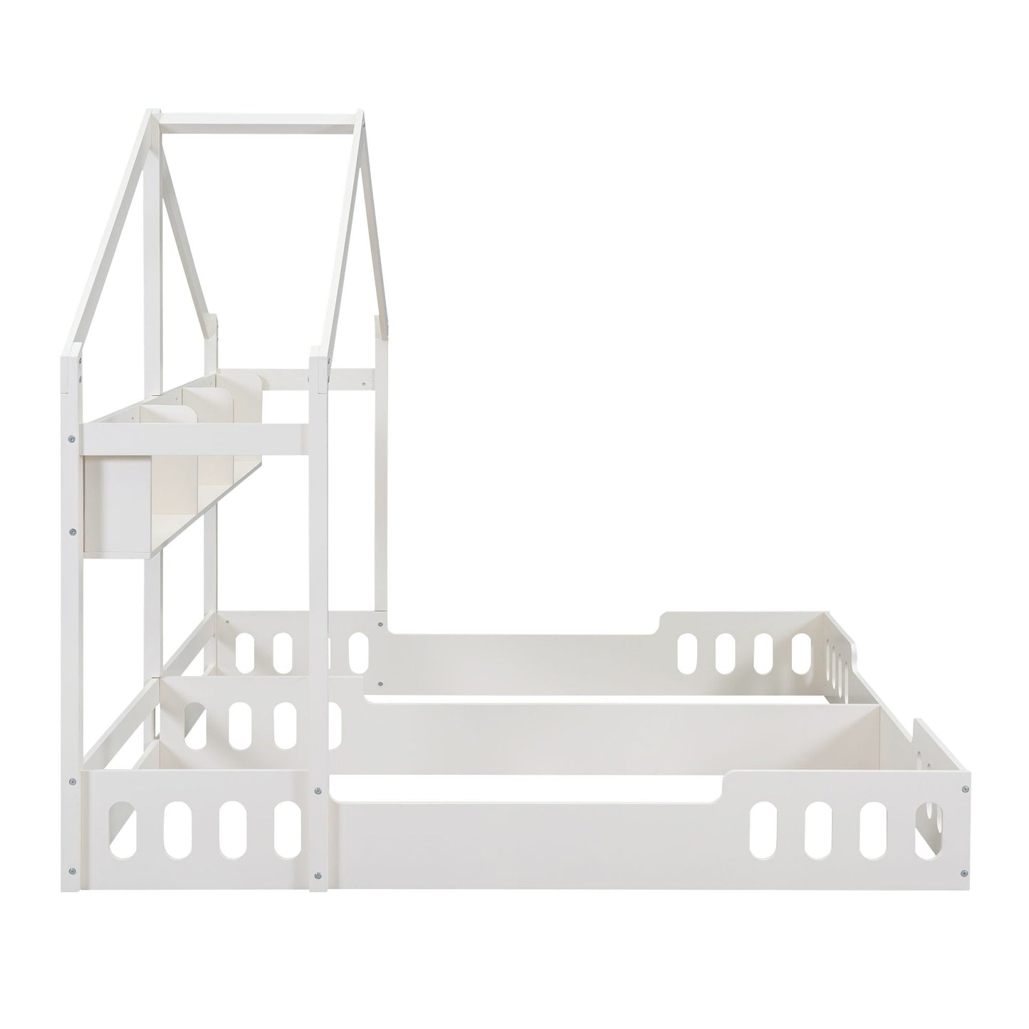 Twin Size Platform Bed With Shared Design, Guardrails, And Built In Shelves - Creamy White