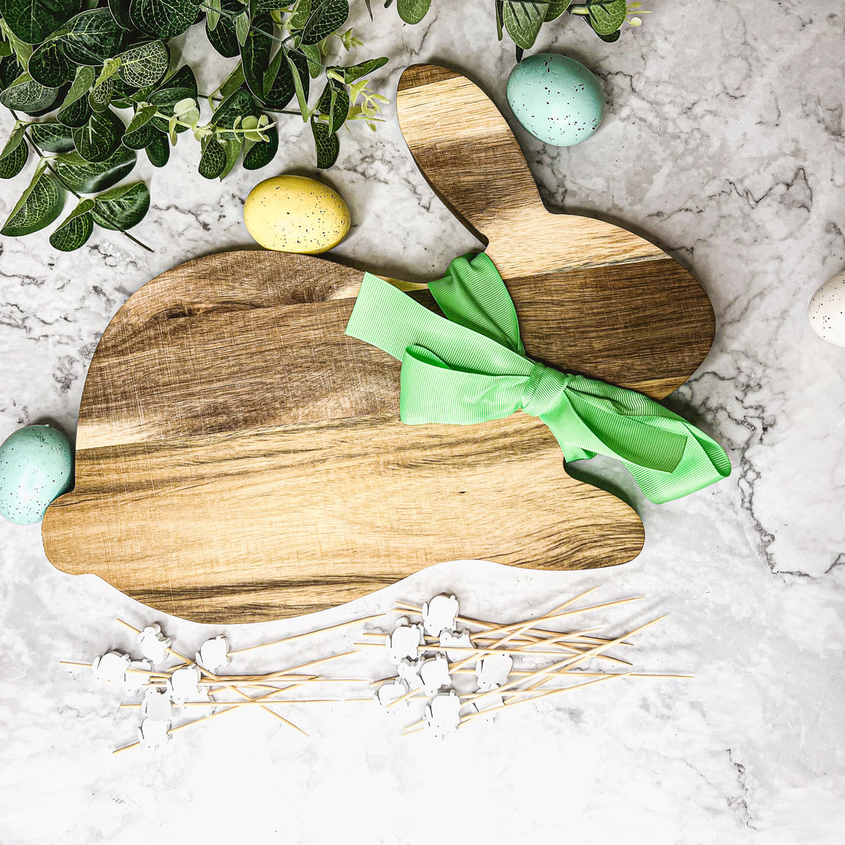 Acacia Wood Bunny Cutting Board With 20 Bunny Toothpicks And Ribbon Gift