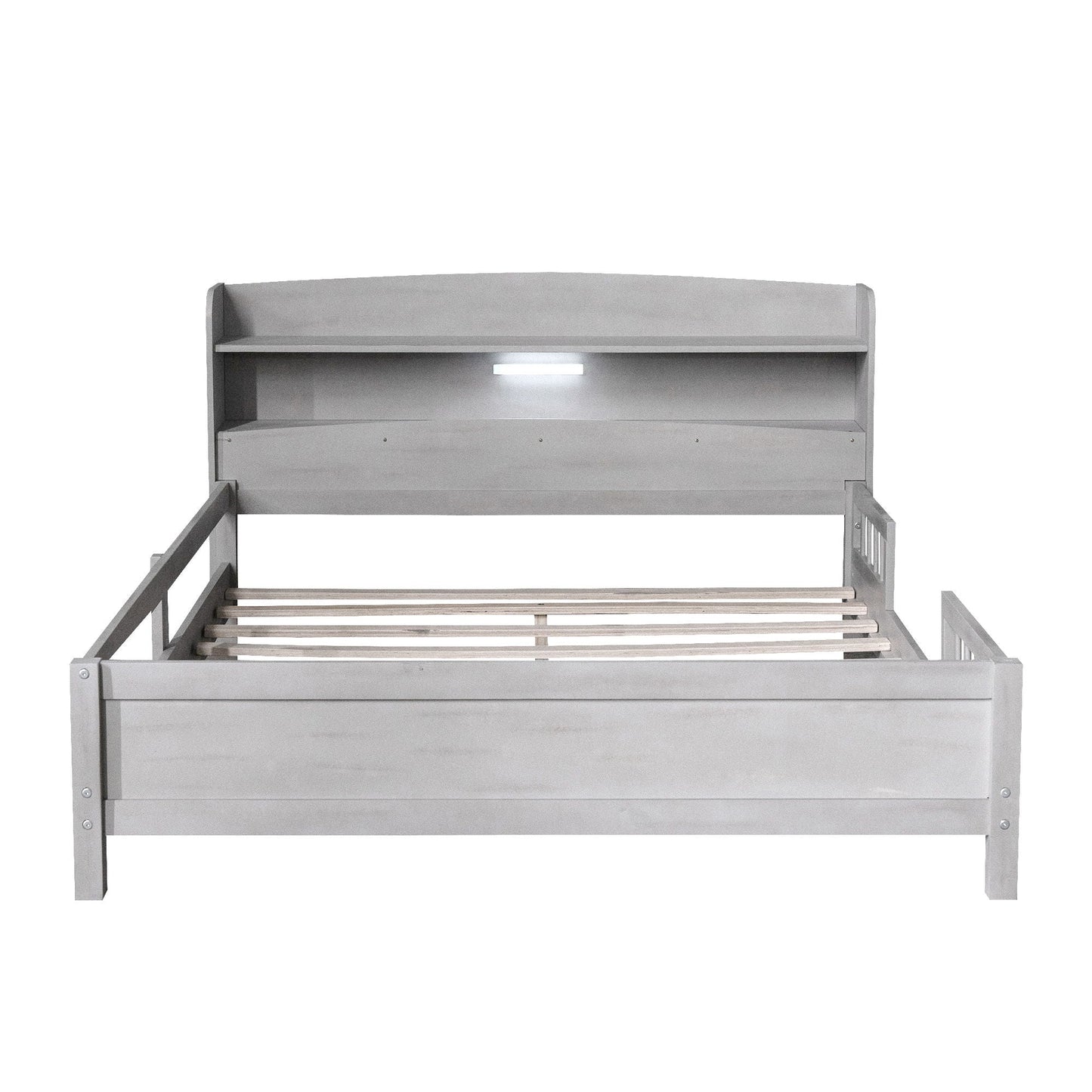 Wood Platform Bed With Built In LED Light, Storage Headboard And Guardrail