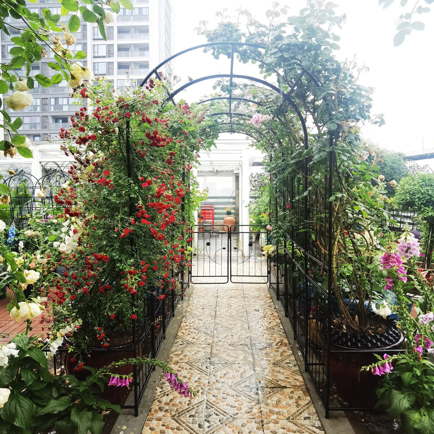 Metal Garden Arch With Two Plant Stands Wide High Climbing Plants Support Rose Arch Outdoor - Black