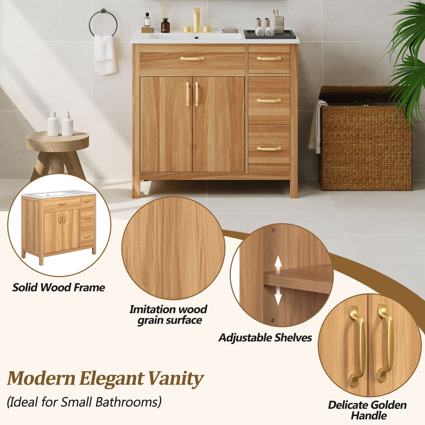 Bathroom Vanity, 2 Soft Close Doors, 3 Soft Close Drawers, Adjustable Shelf - Wood