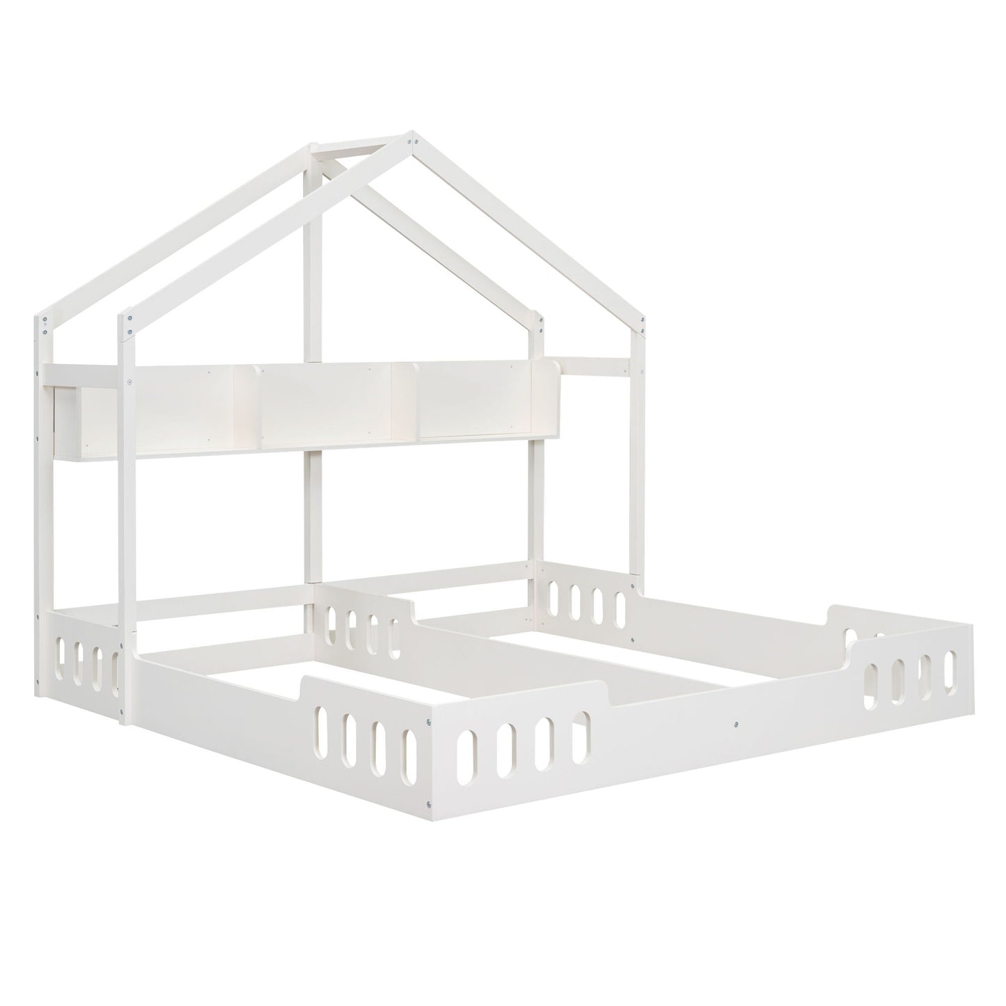 Twin Size Platform Bed With Shared Design, Guardrails, And Built In Shelves - Creamy White