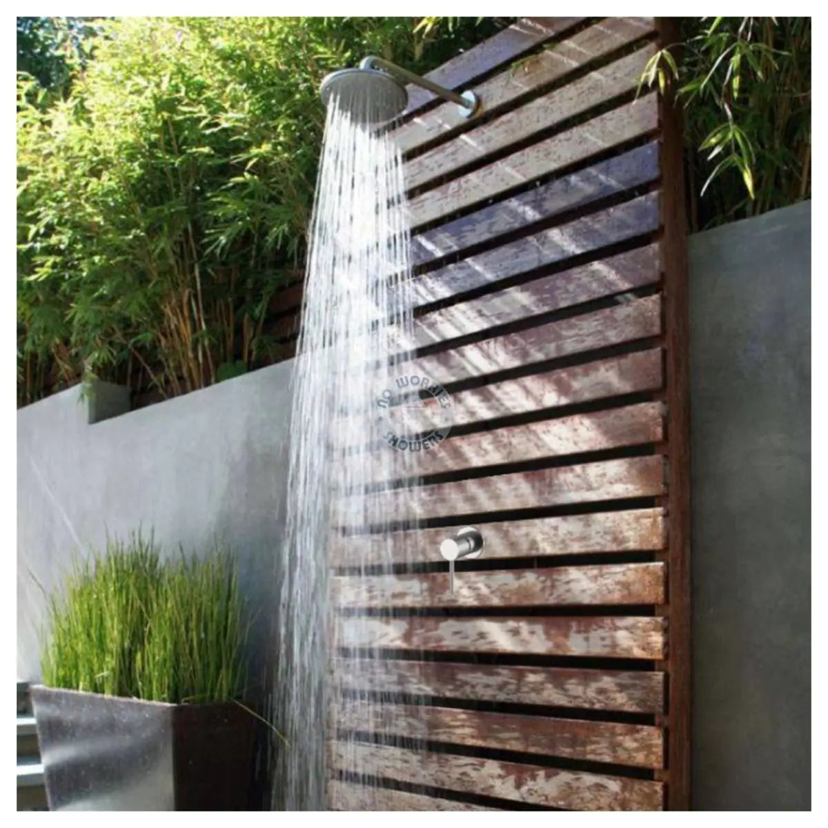 No Worries Showers Alpha Outdoor 316L Stainless Steel Marine Grade Wall Mounted Shower Arm, Shower Head & a Hot and Cold Washer-less Mixer Pool Rinse Off Shower Set