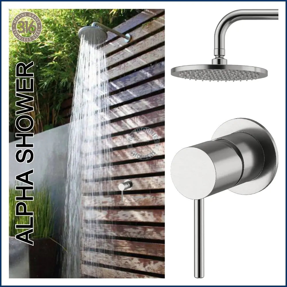 No Worries Showers Alpha Outdoor 316L Stainless Steel Marine Grade Wall Mounted Shower Arm, Shower Head & a Hot and Cold Washer-less Mixer Pool Rinse Off Shower Set