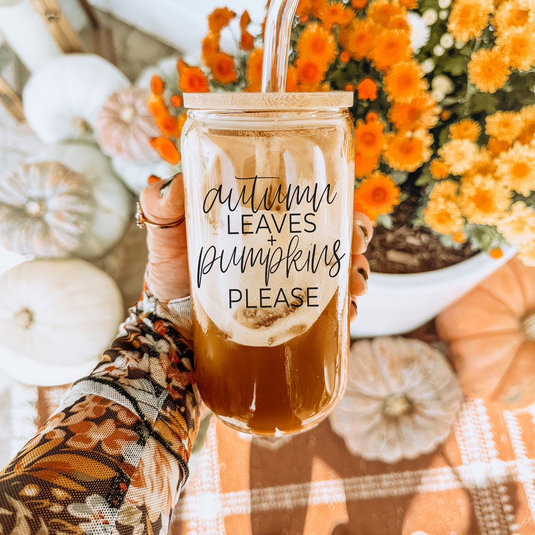 Autumn Leaves 20oz Glass Tumbler With Bamboo Lid, 2 Stainless Straws & Cleaner