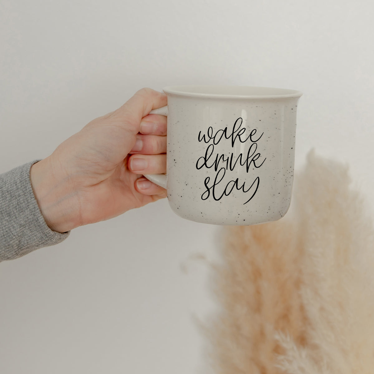Wake Drink Slay 14.5oz Ceramic Campfire Mug Double-Sided Speckled White Sesame