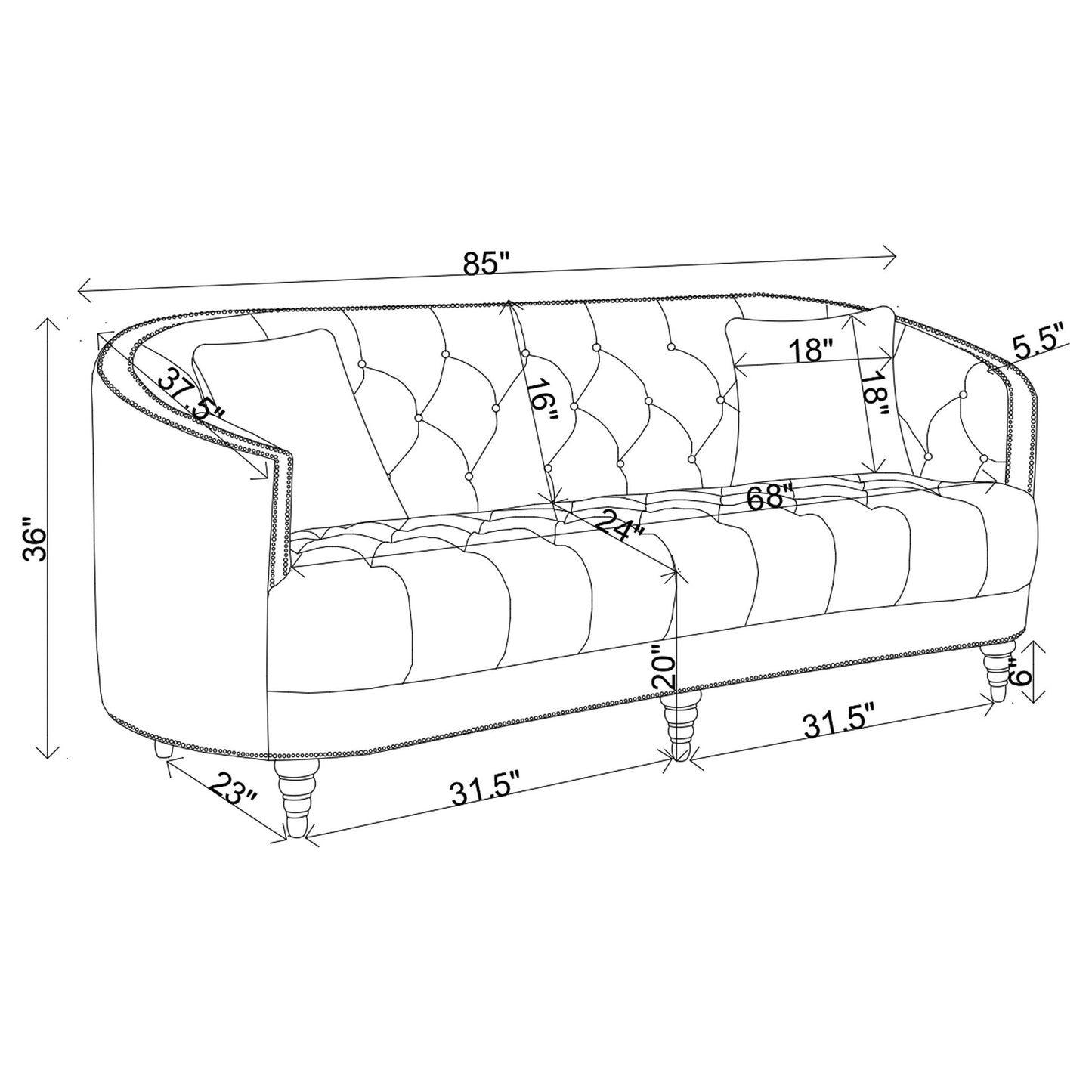Veronica - Light Sloped Sofa With Tufted Elegant Upholstered Lounge Seating - Light Gray
