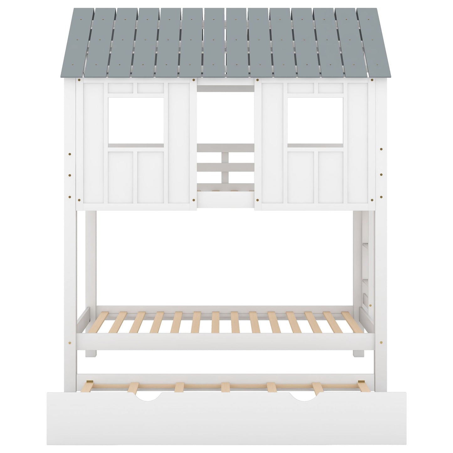 Twin Size House Bunk Bed With Trundle, Roof And Windows - White / Gray