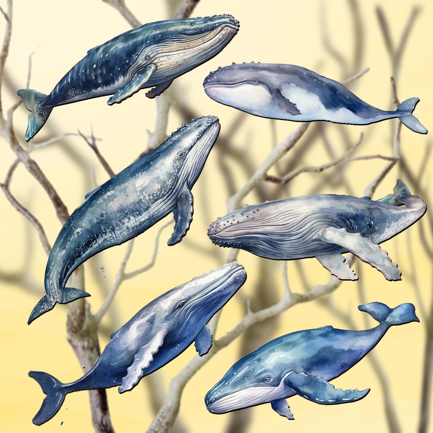 Coastal Giants Humpback Whales Clip-On Eco Wood Decorative Ornaments Set of 6 by G. Debrekht - Wildlife Decor - 8090103C-S6