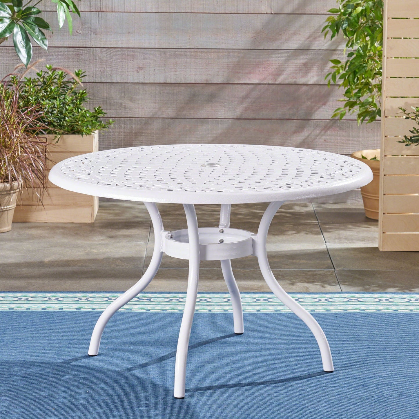 Tranquilius Outdoor Round Dining Table with Lattice Tabletop, Umbrella Hole and Curved Legs