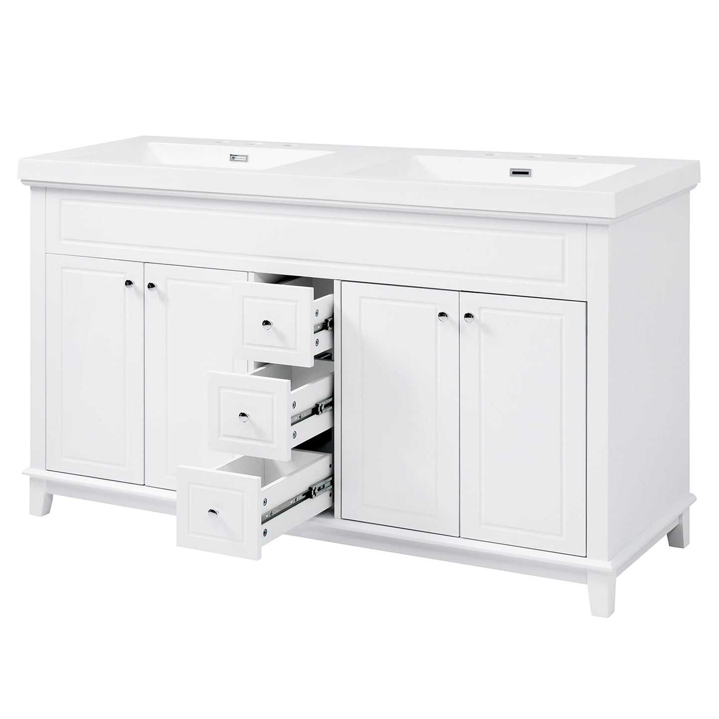 Bathroom Vanity With Double Sinks, 3 Drawers & 4 Doors - White