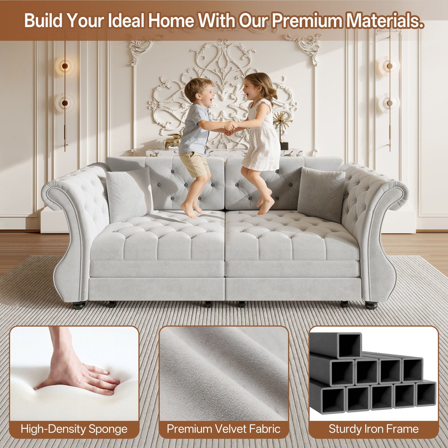 Oversized Chesterfield Pull Out Sofa Bed, Roll Arm Couch With Flower Tufting For Living Room