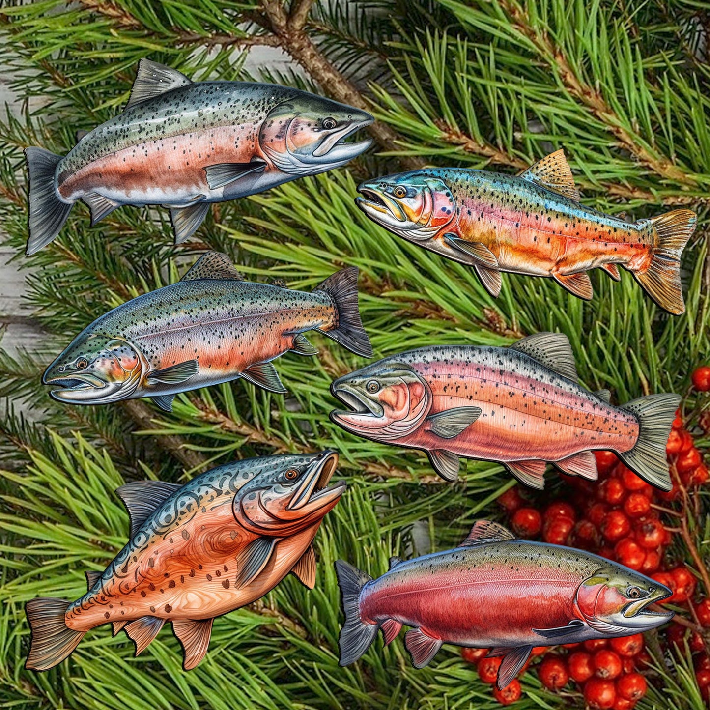 Wild Salmon Tales Clip-On Eco Wood Decorative Ornaments Set of 6 by G. Debrekht - Wildlife Decor - 8090109C-S6
