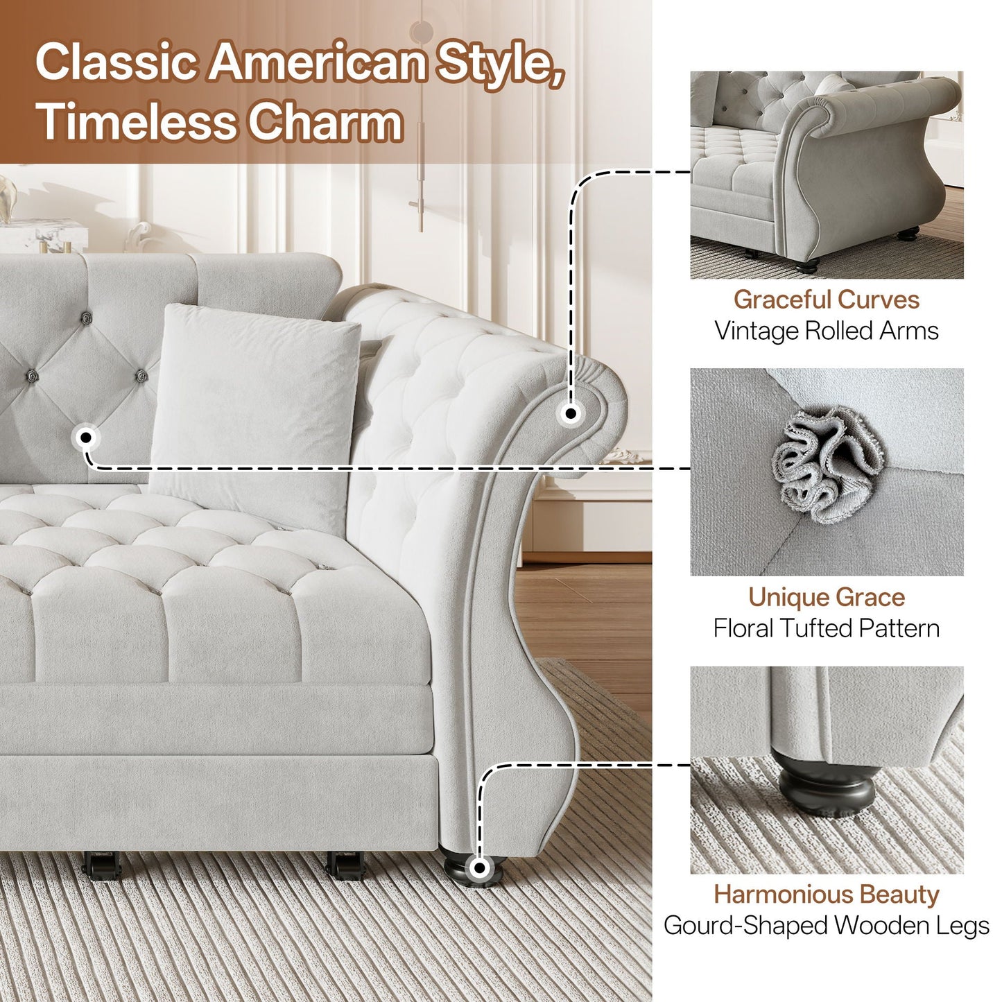 Oversized Chesterfield Pull Out Sofa Bed, Roll Arm Couch With Flower Tufting For Living Room