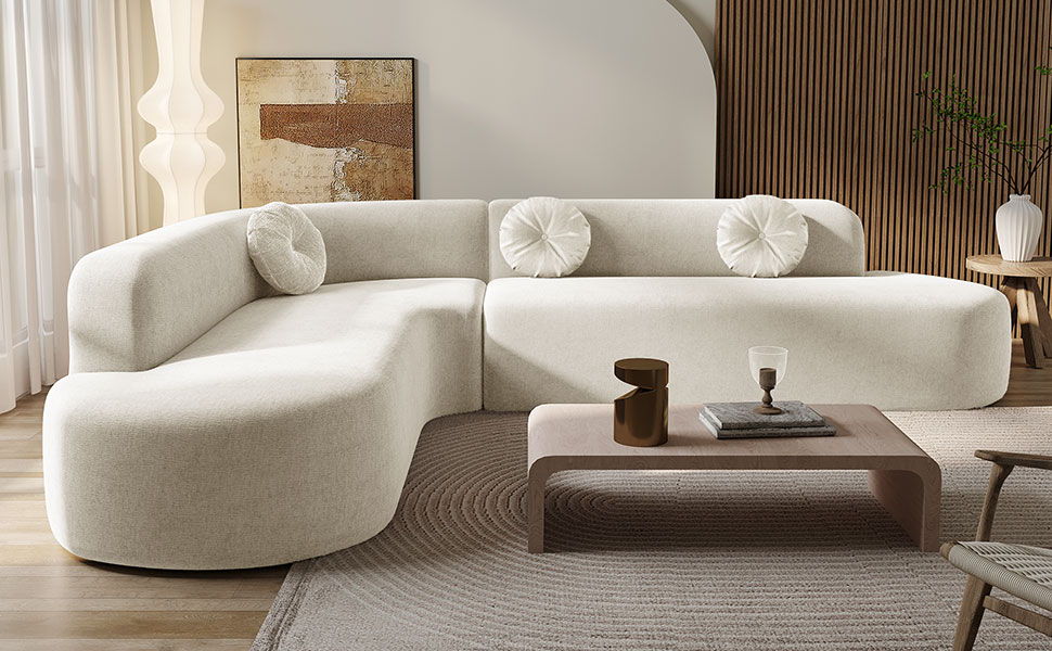 Extra Large Sectional Sofa Soft Fabric Upholstery, Elegant Curved Design With 3 Round Cushions, High-Resilience Foam