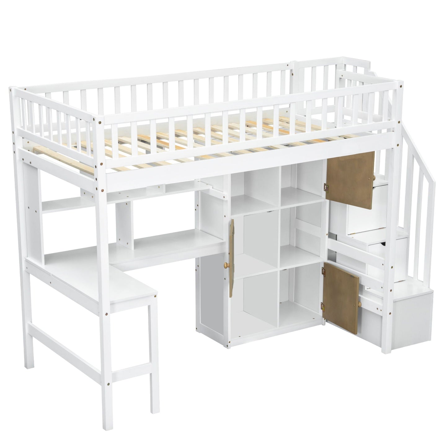 Loft Bed With Built In L Shaped Desk, LED Lights, Storage Shelves, Cabinets, And Staircase