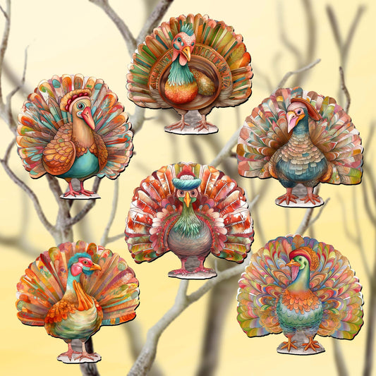 Turkey Clip-On Eco Wood Decorative Ornaments Set of 6 by G. Debrekht - Thanksgiving Decor - 8090027C-S6