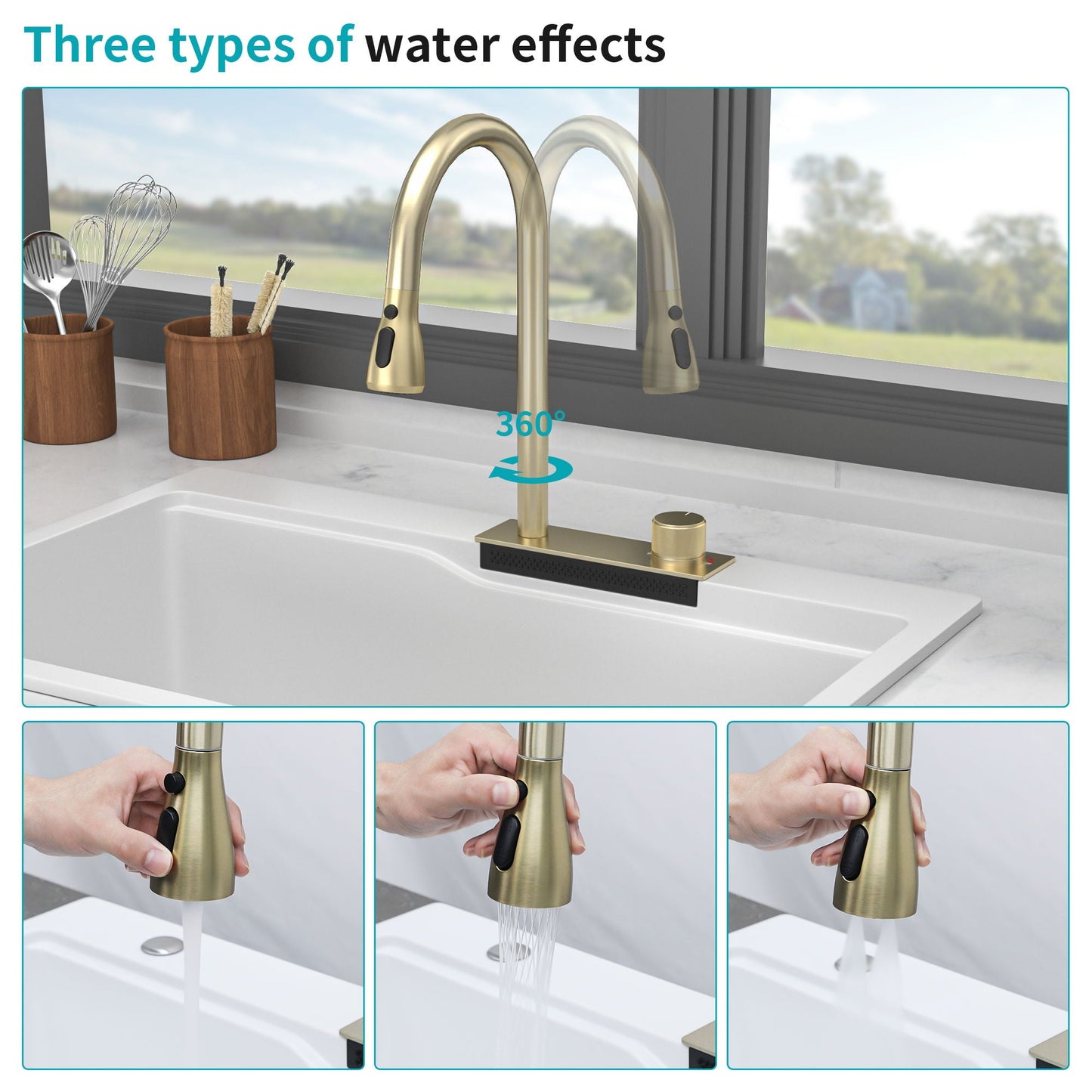 Waterfall Kitchen Sink With Pull Out Faucet & Cup Washer