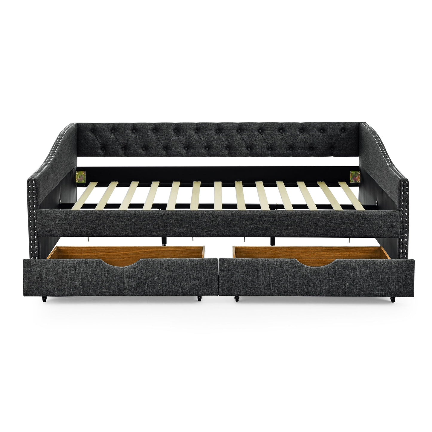 Upholstered Tufted Daybed With 2 Drawers, Waved Arms