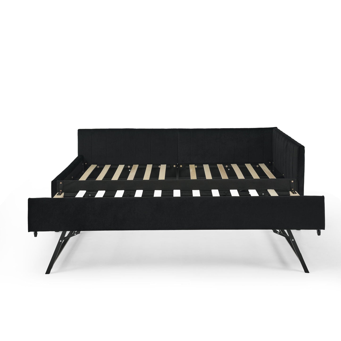 Full Size Upholstered Daybed With Trundle, Tufted Backrest And Armrests - Black