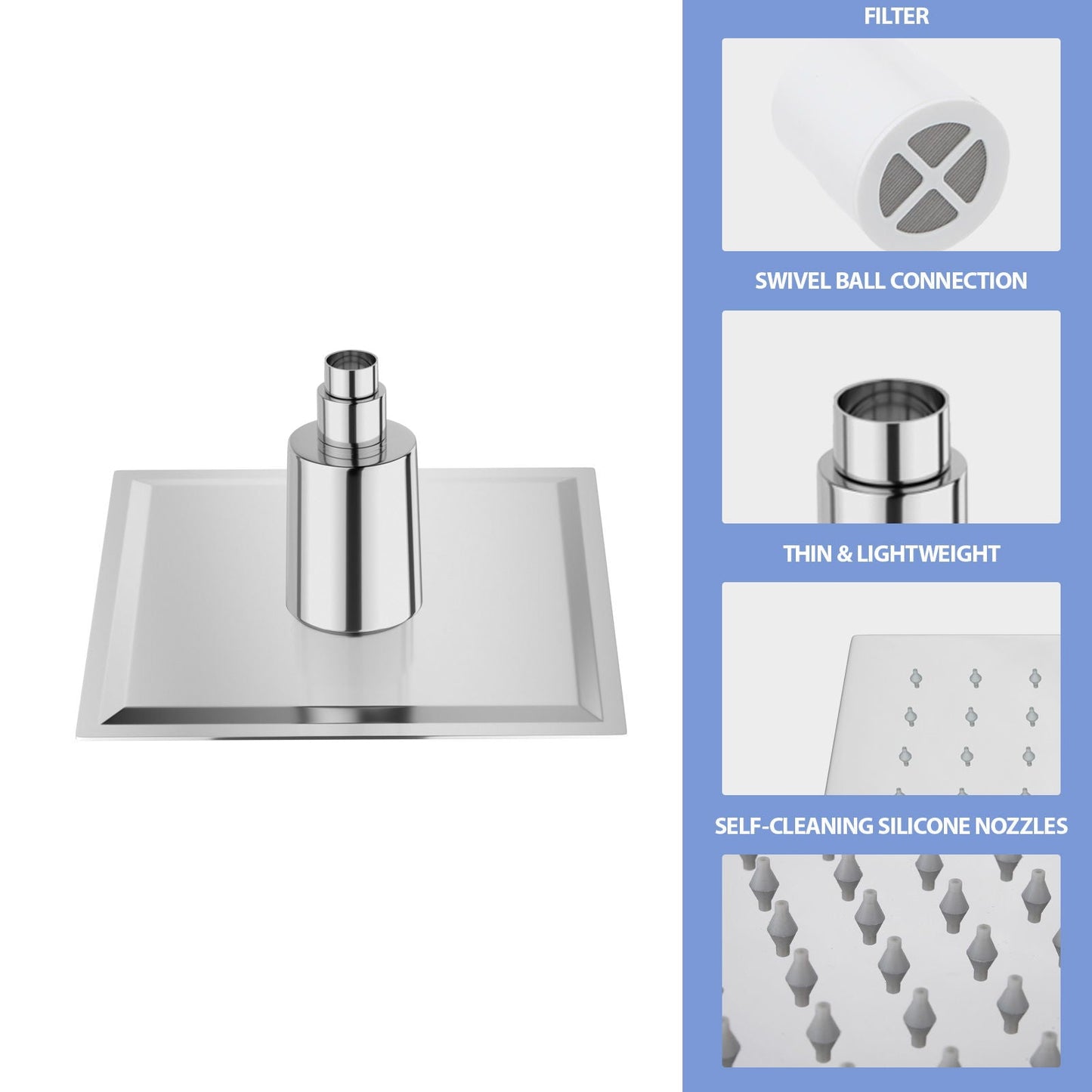 Ultra Thin 8" Square Rain Shower Head 304 Stainless Steel, Wall / Ceiling Mounted
