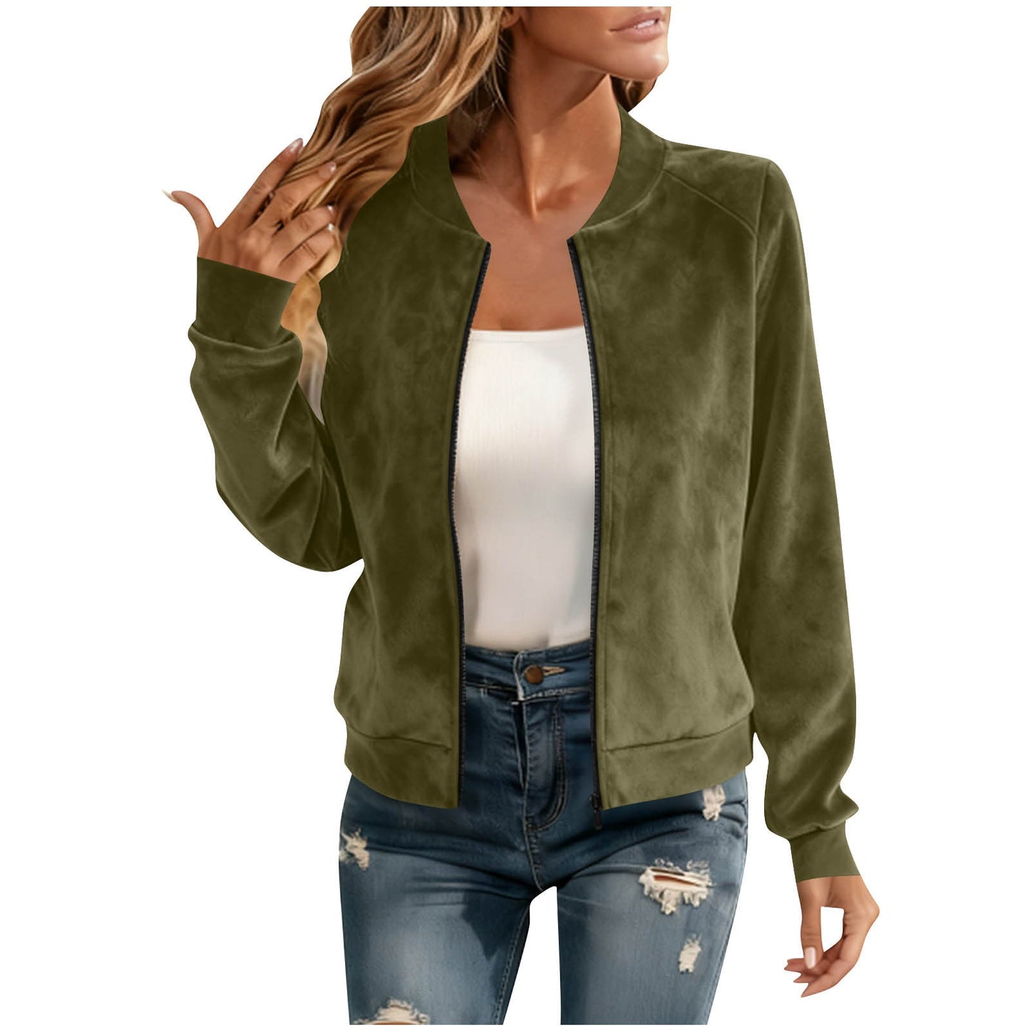 Round-neck Zip-up Deerskin-fleece Short Jacket Flight Suit