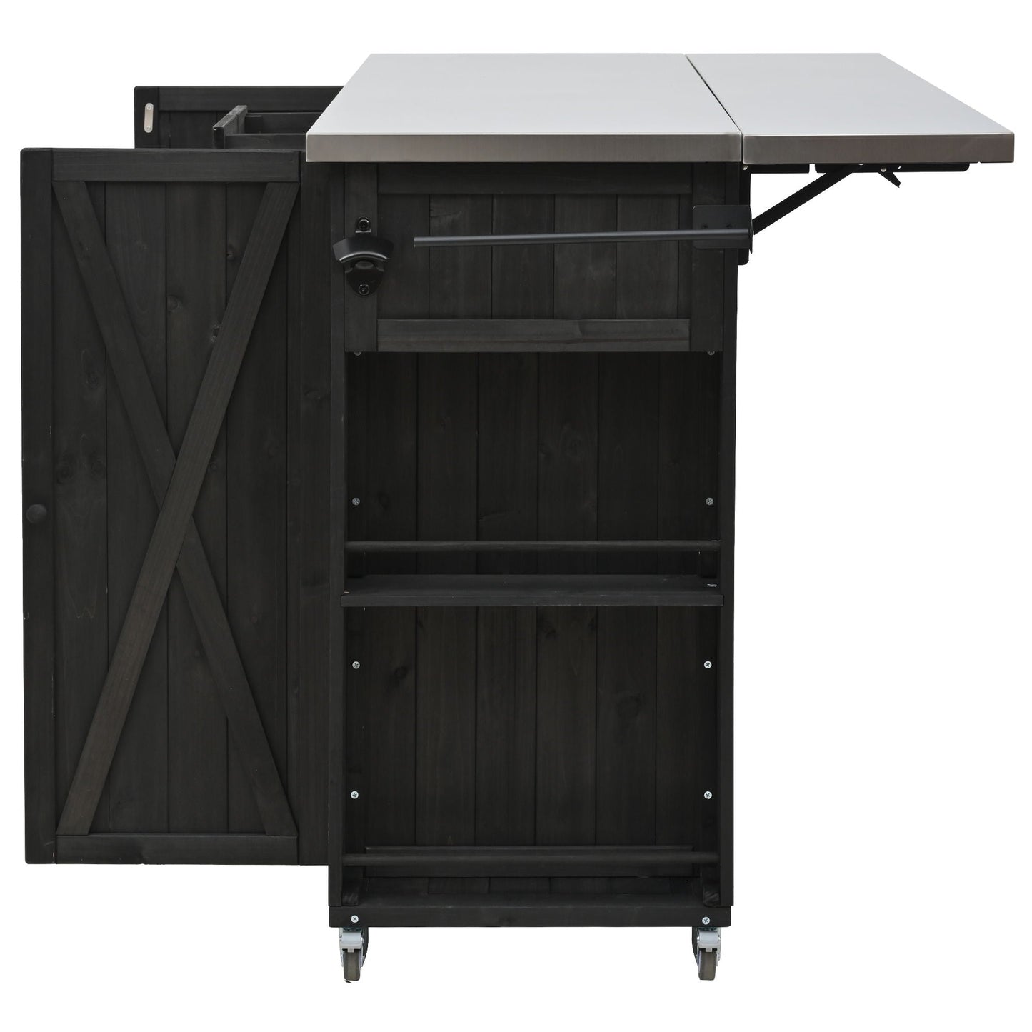 Outdoor Kitchen Island With Stainless Steel Top, Ample Storage Space, Towel And Spice Racks And A Bottle Opener