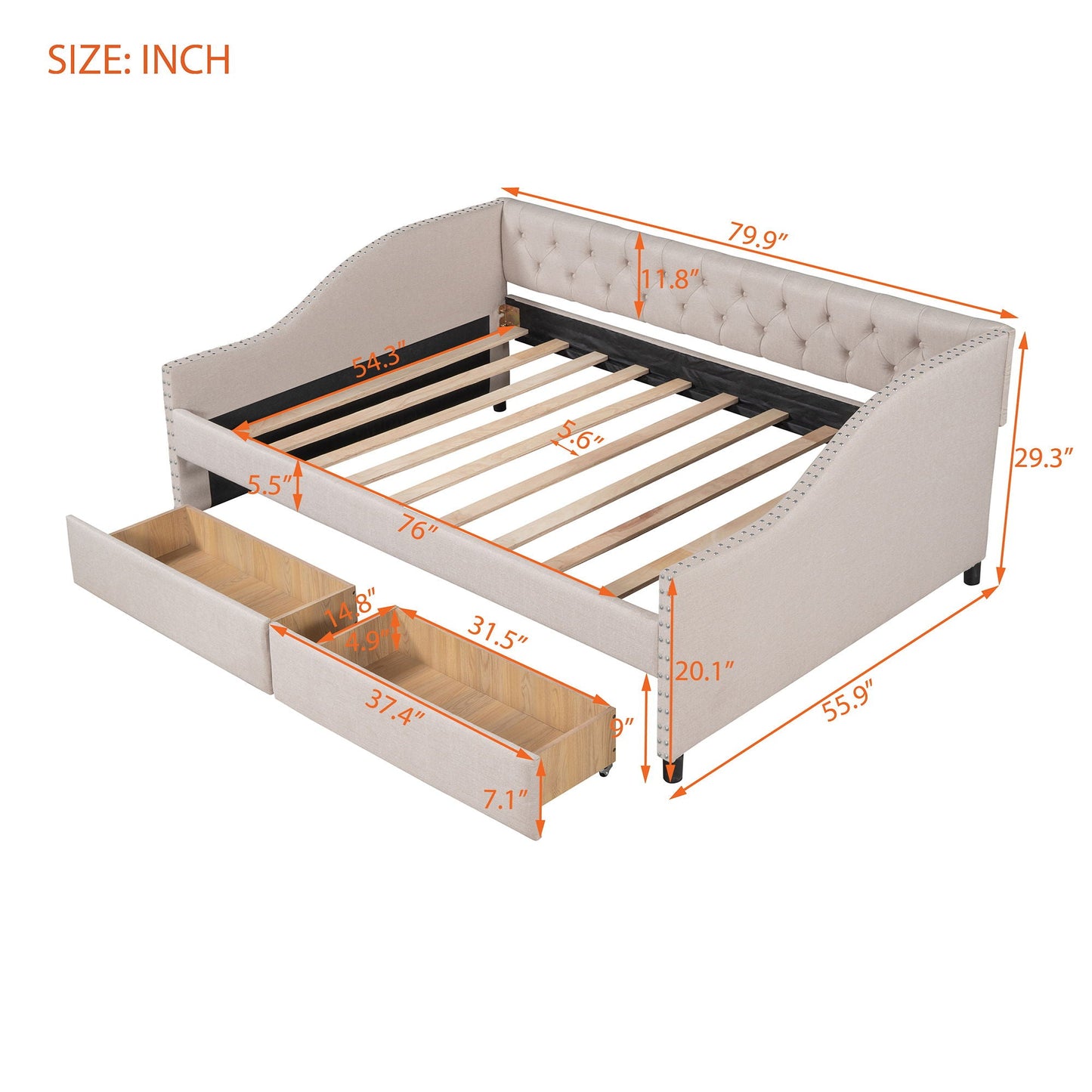 Upholstered Daybed With Two Drawers, Wood Slat Support
