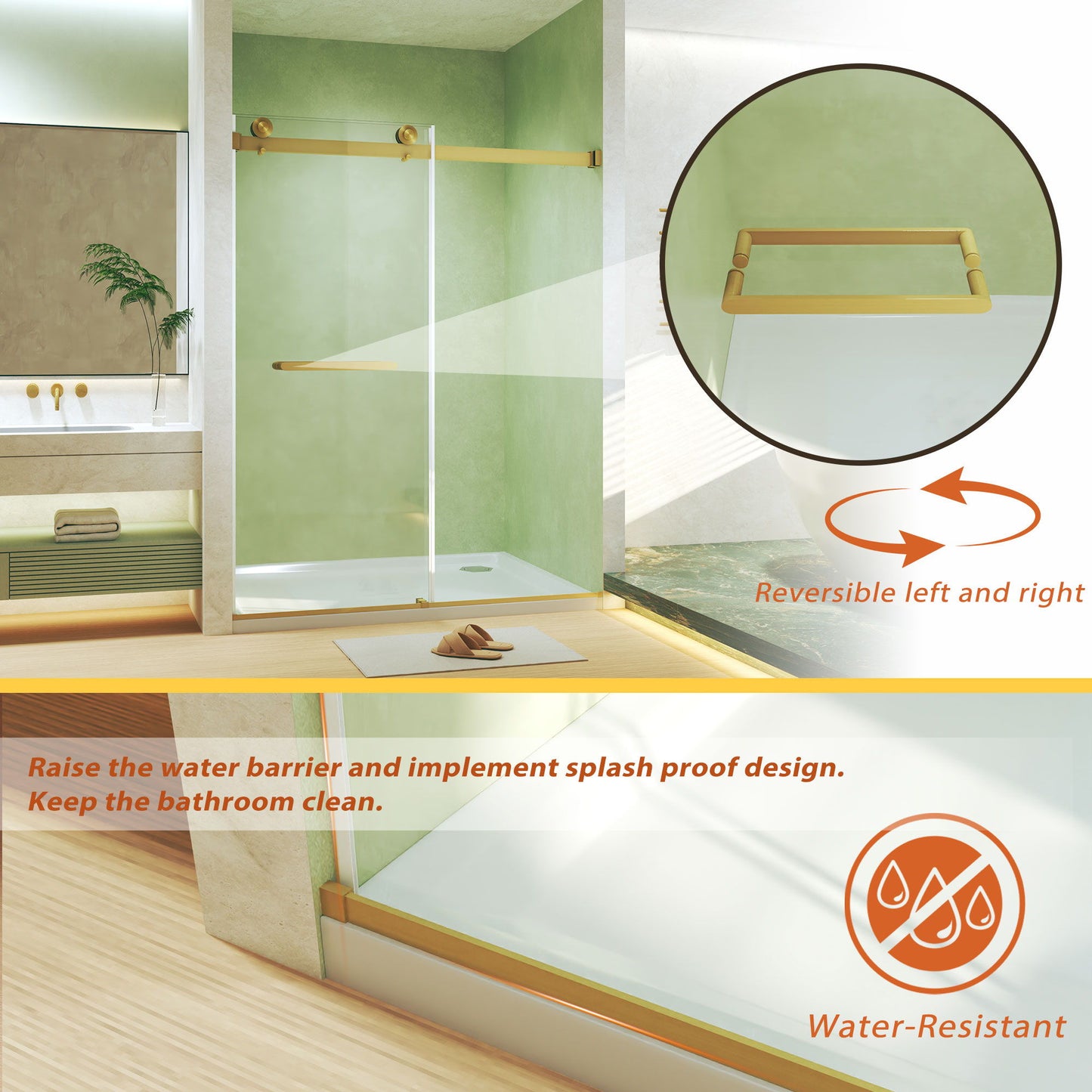 Frameless Double Sliding Shower Door, Tempered Glass, Explosion Proof Film, Square Tube Track - Brushed Gold