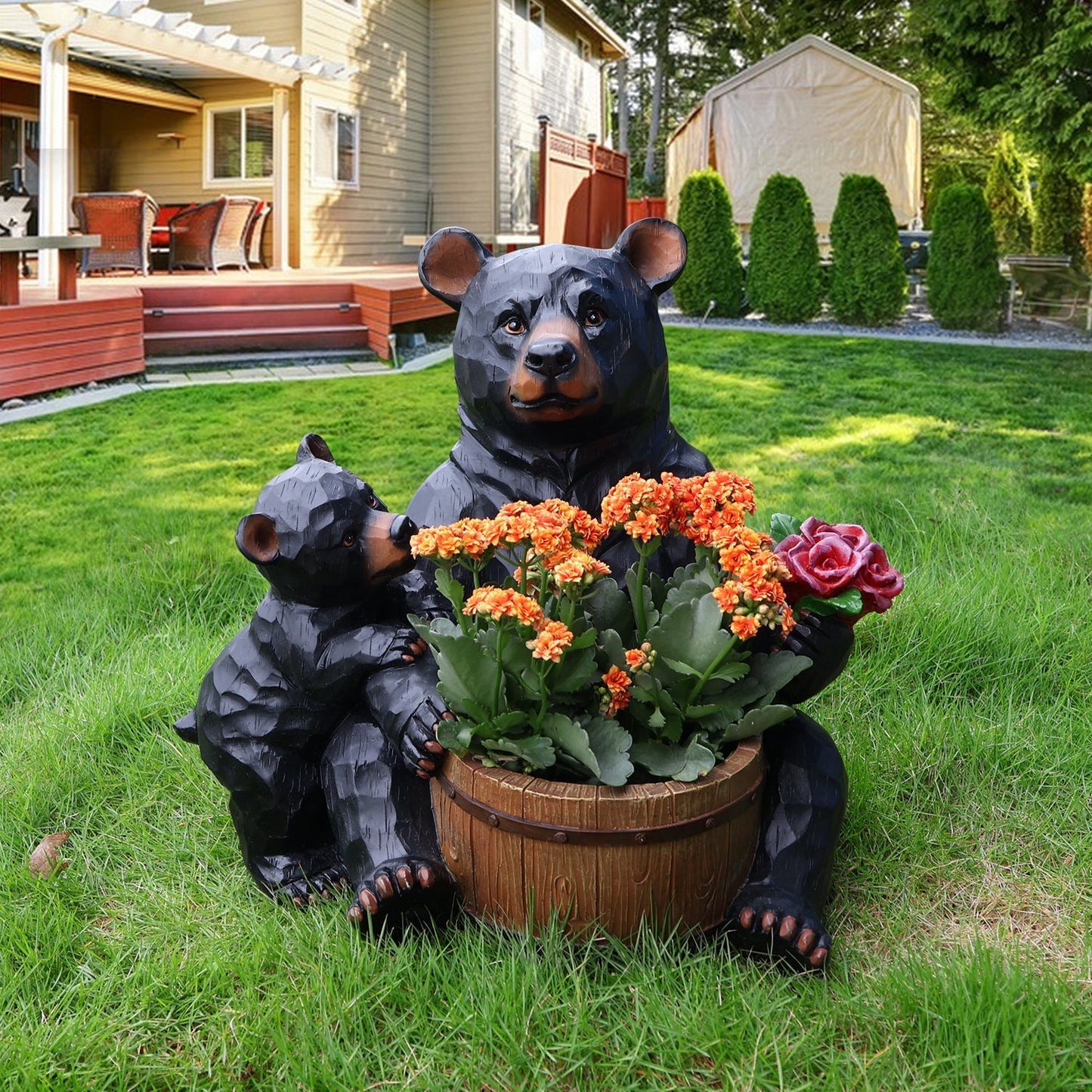 Outdoor Garden Sculpture Bear Flower Pot Planter