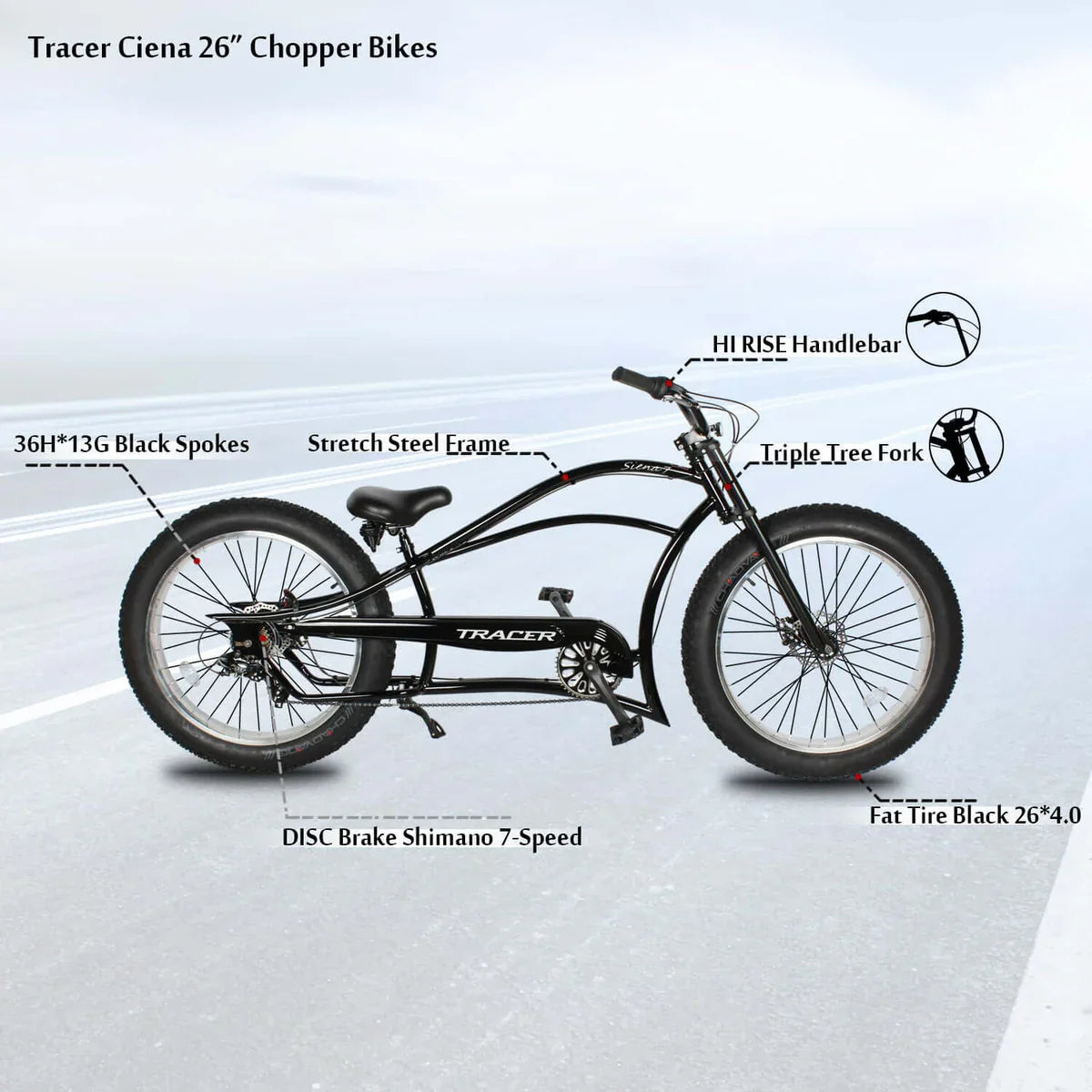 Tracer Siena 26'' Chopper Stretch Cruiser Fat Tire Bike 1 Speed/7 Speed