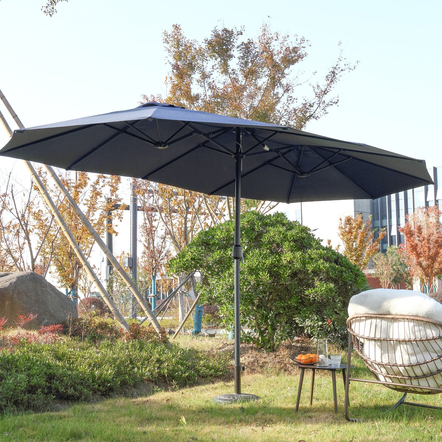 14.8 Ft Double Sided Outdoor Umbrella Rectangular Large with Crank (Navy Blue)