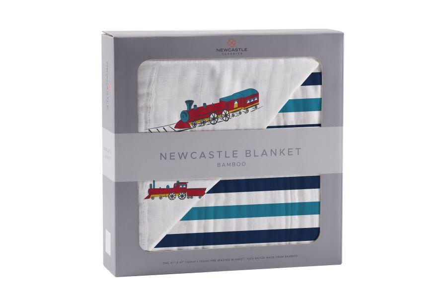 Bamboo Muslin Baby Blanket Vintage Train Blue Stripes